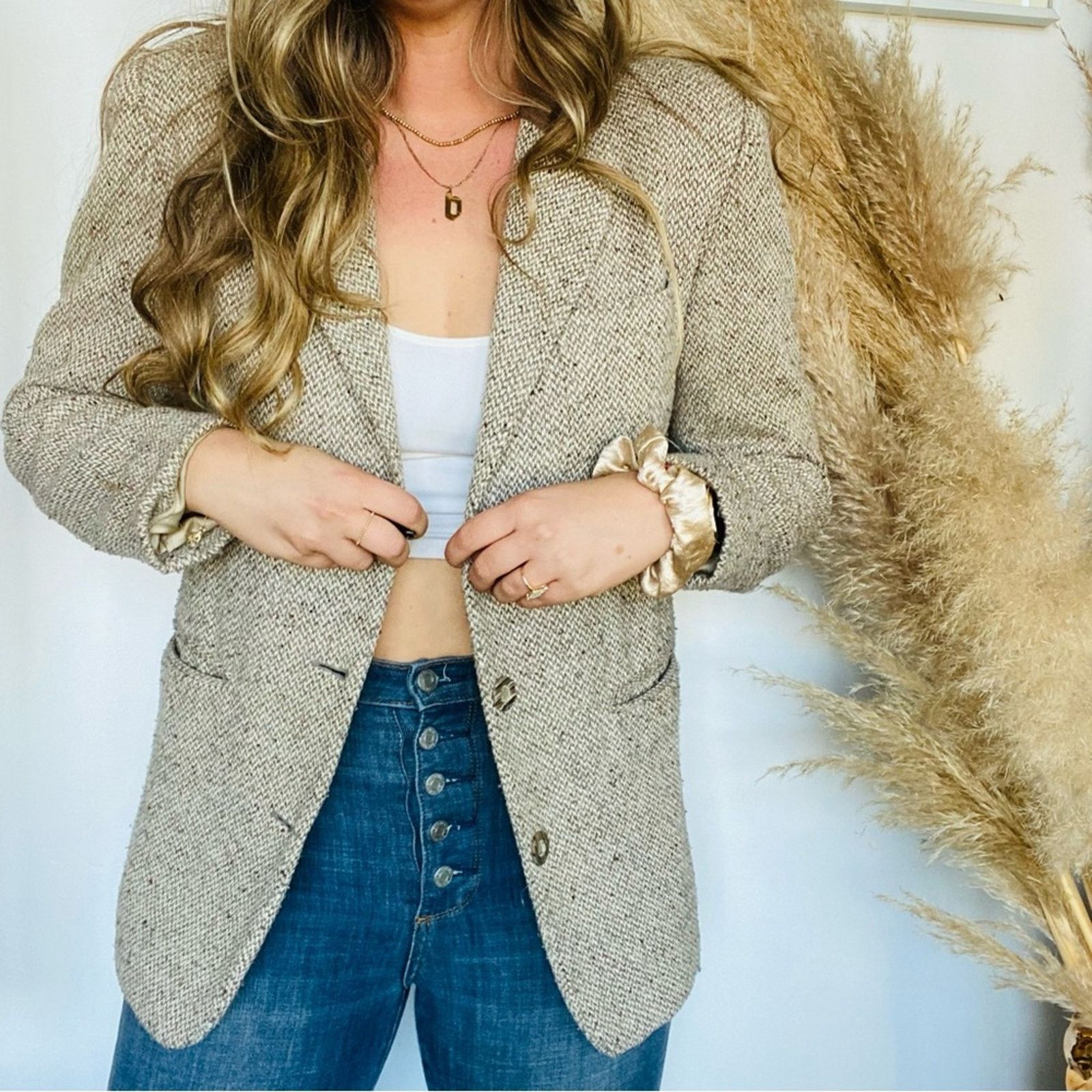 Vintage VINTAGE Cream White Brown Suede Tweed Blazer Button Jacket Size S / US 4 / IT 40 - 6 Thumbnail