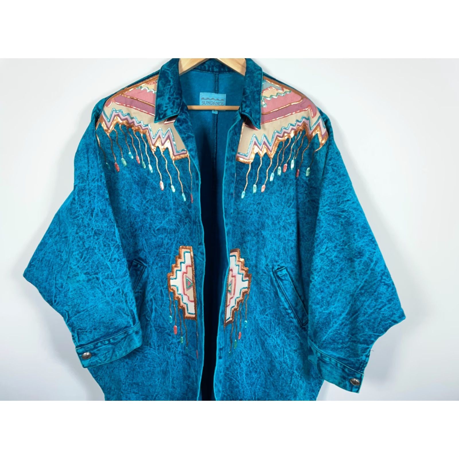 Vintage Sundance Jacket Woman Large Open Front Denim Acid Wash Teal Tribal Geometric 90s Vintage KimonoStyle Oversized Pockets Size L / US 10 / IT 46 - 4 Thumbnail
