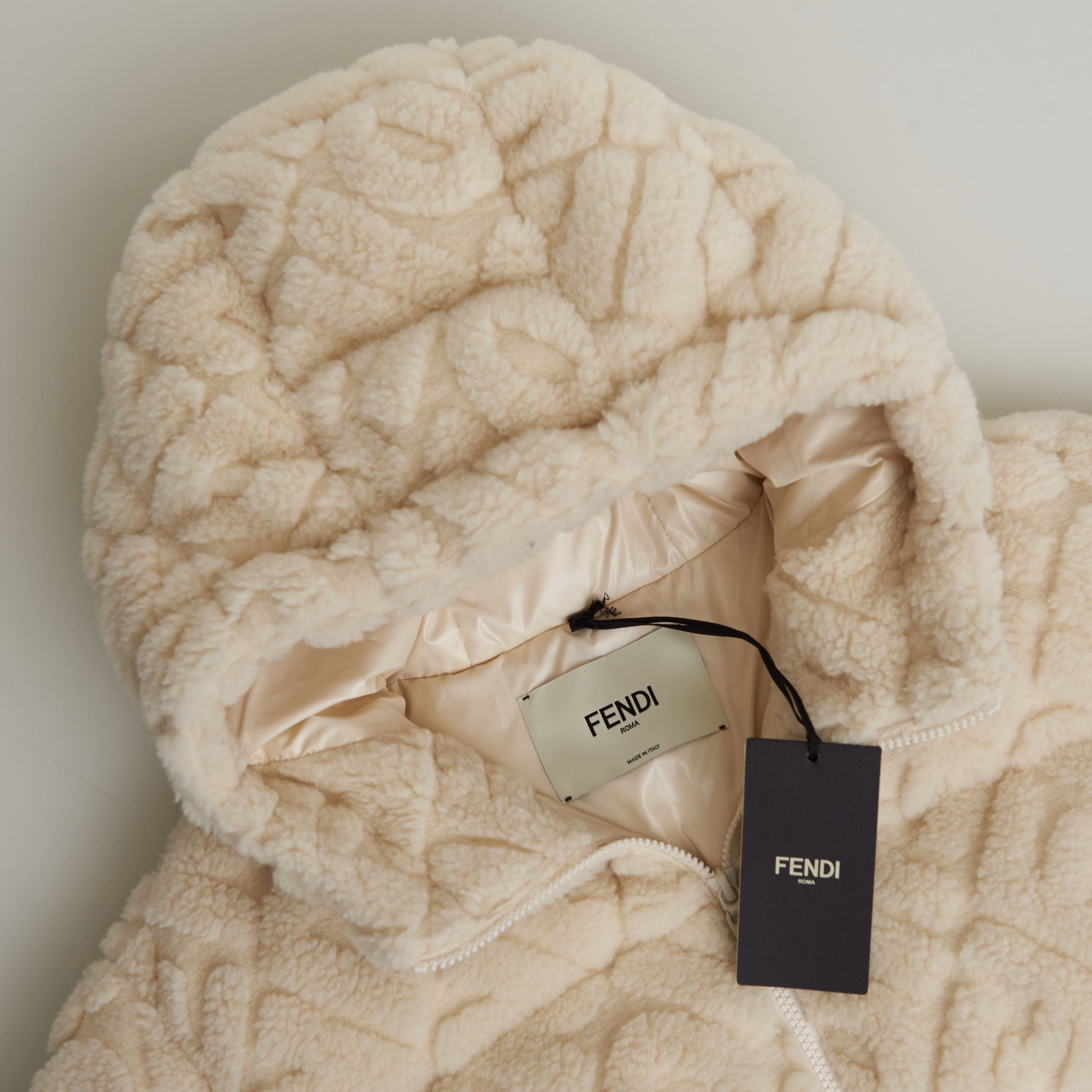 Fendi Short Blouson Jacket - White Wool, FF Motif, Drawstring Size XL / US 12-14 / IT 48-50 - 12 Thumbnail
