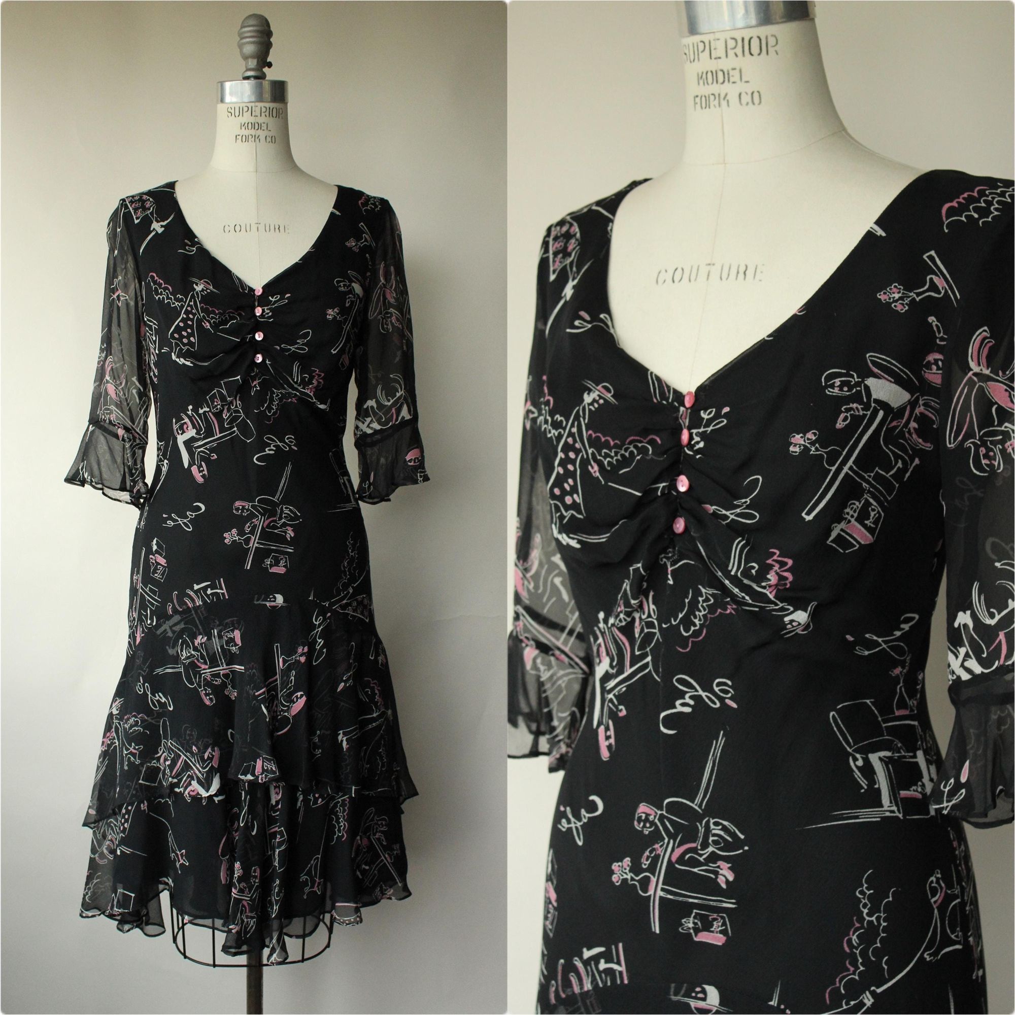 Vintage Vintage 1990s Dress, Ice Black Silk Cafe Print Frock, Does 1 Size M / US 6-8 / IT 42-44 - 2 Thumbnail
