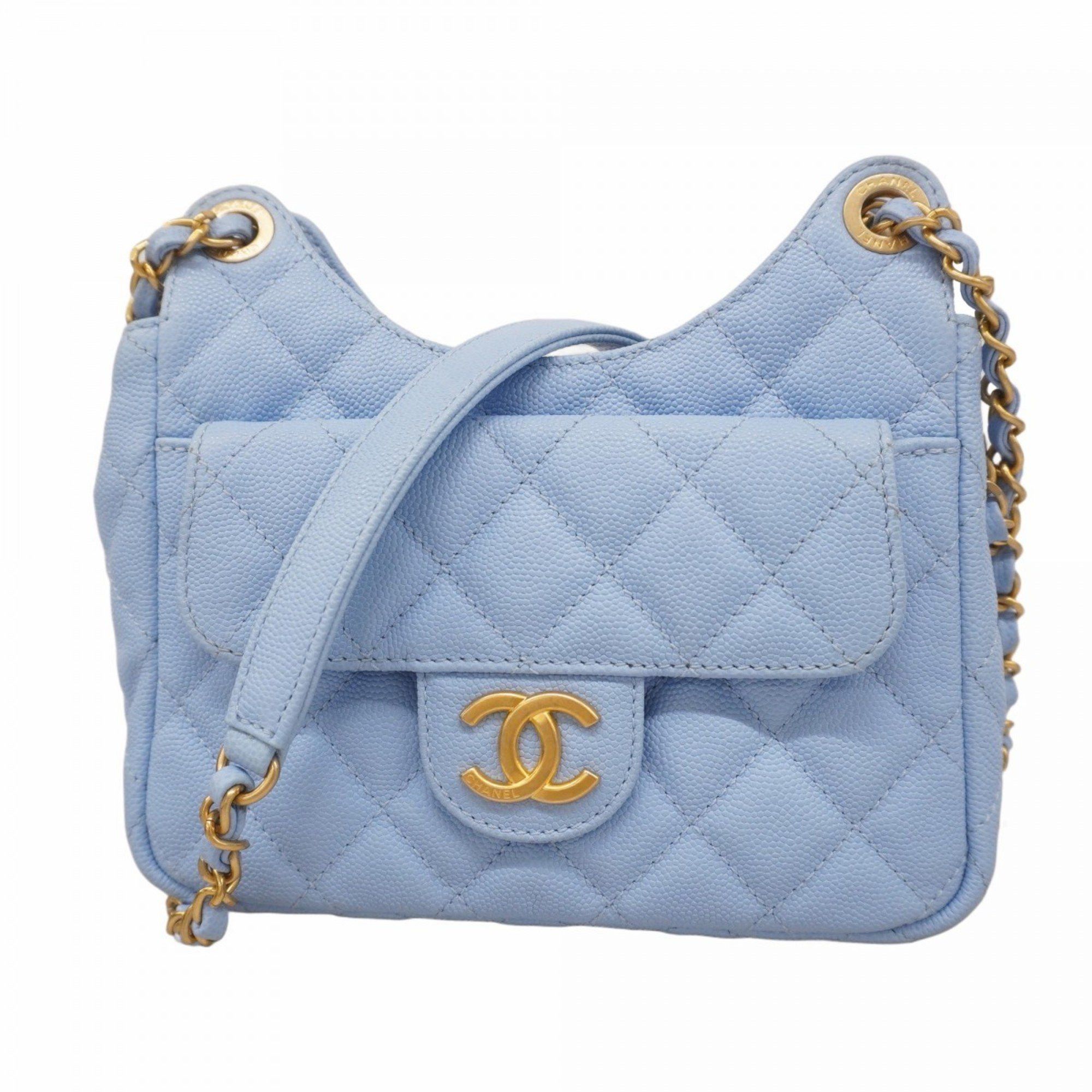 Chanel Shoulder Bag Matelasse Chain Hobo Caviar Skin Blue Women's