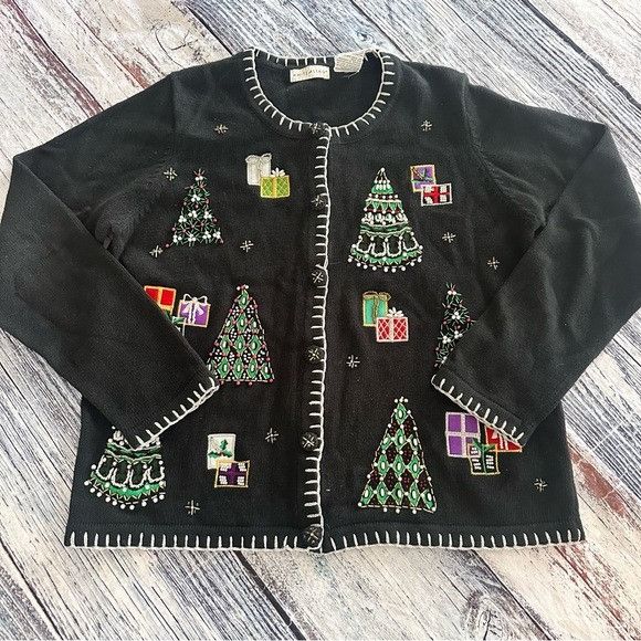 Other Vintage White Stag Beaded Black Festive Cardigan Sweater Size L / US 10 / IT 46 - 2 Thumbnail