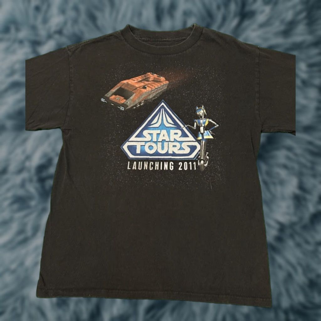 VINTAGE Disney Star Tours Ride Launching 2011 Cast Star Wars Shirt S Black Mens T-Shirt Short Sleeve