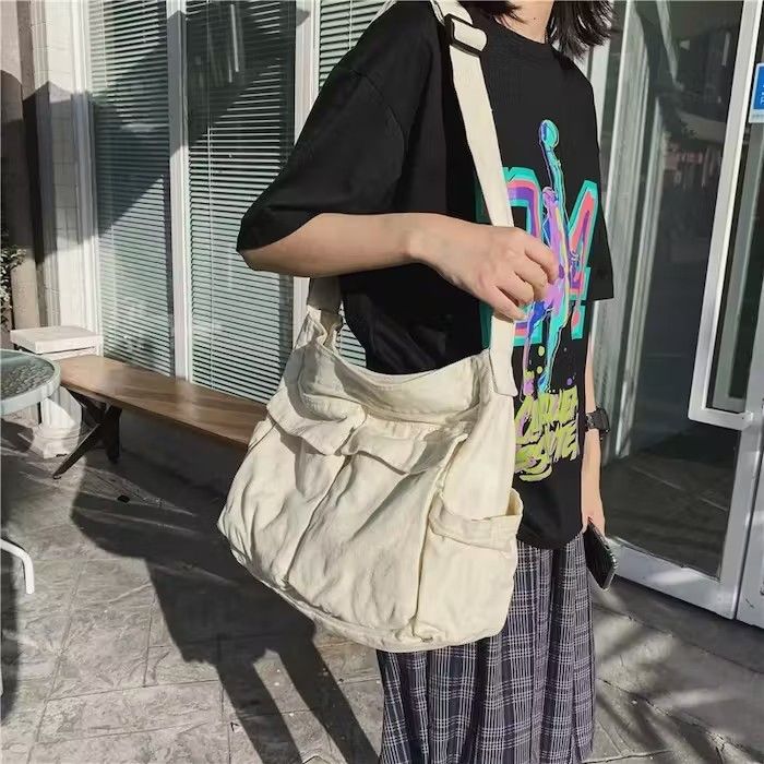 Japanese Brand Simple Many Pockets Canvas Shoulder Bag Size ONE SIZE - 3 Thumbnail