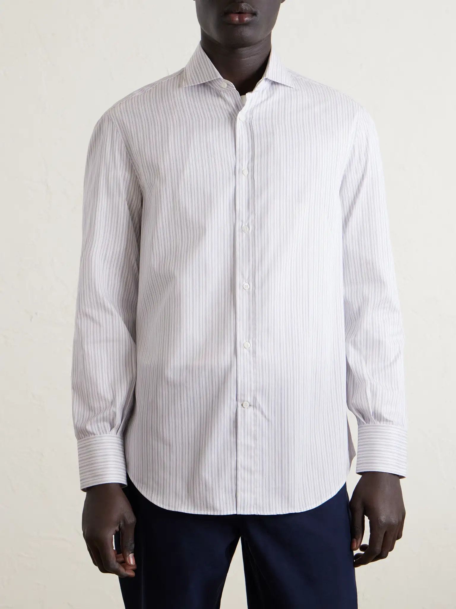 Brunello Cucinelli o1y0526 Striped Shirt in White Size US M / EU 48-50 / 2 - 2 Thumbnail