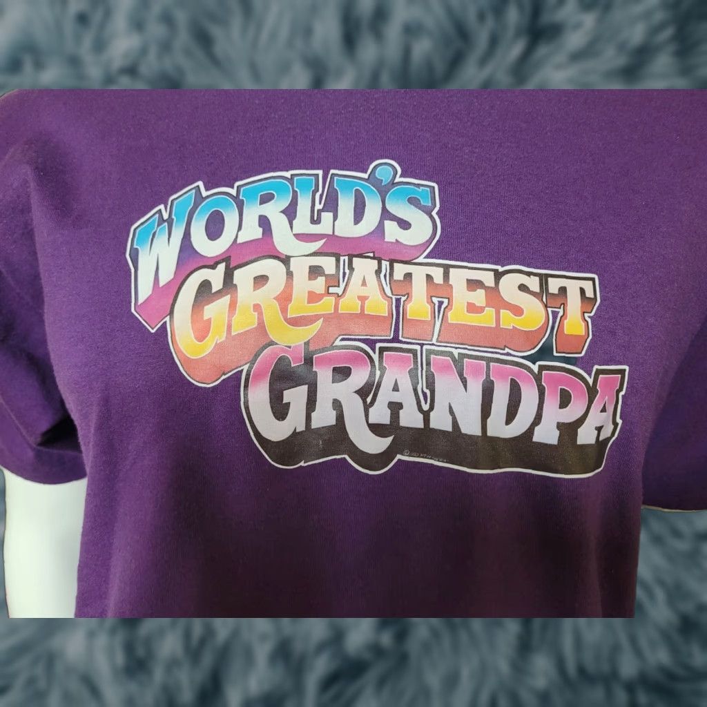 Jerzees VINTAGE 80s World’s Greatest Grandpa T Shirt XL Purple Jerzees Short Sleeve Cartoon Graphic Tee Mens Size US XL / EU 56 / 4 - 1 Thumbnail