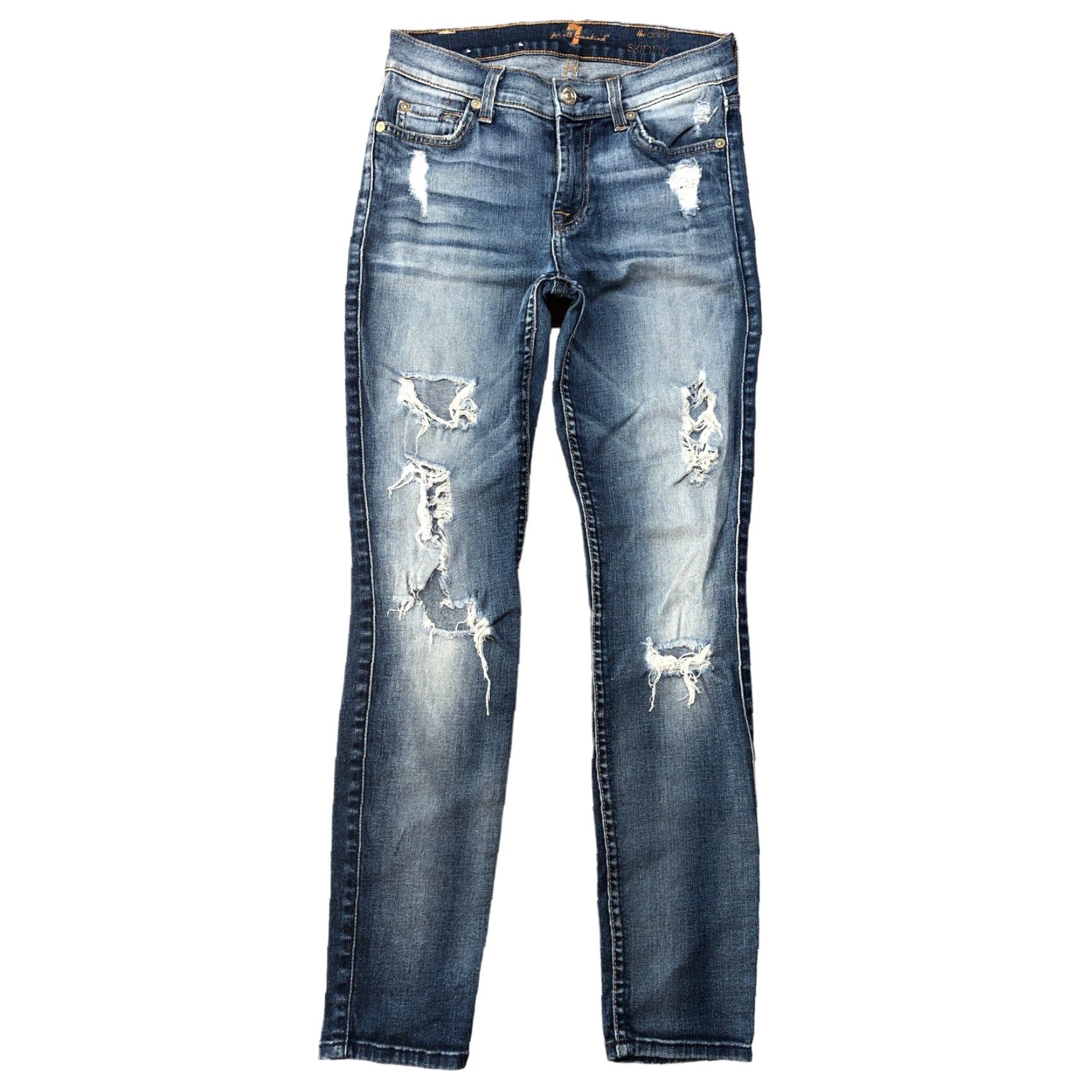 7 For All Mankind 7 for All Mankind Skinny Jeans Womens 24 X 27 Denim Blue Distressed Frayed Hem Super Slim 5-Pocket Button Logo Zip 27 Inseam Size ONE SIZE - 2 Thumbnail
