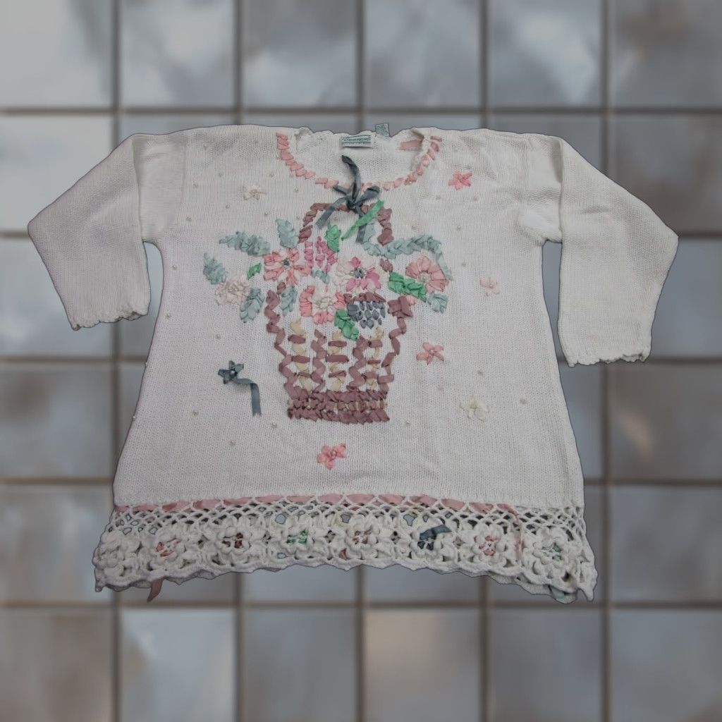 Vintage VINTAGE Shenanigans Floral Embroidered Knit Sweater Womens M White Crew Neck Long Sleeve Pullover Casual Flower Retro Crochet Lace Embroidered Size M / US 6-8 / IT 42-44 - 1 Thumbnail