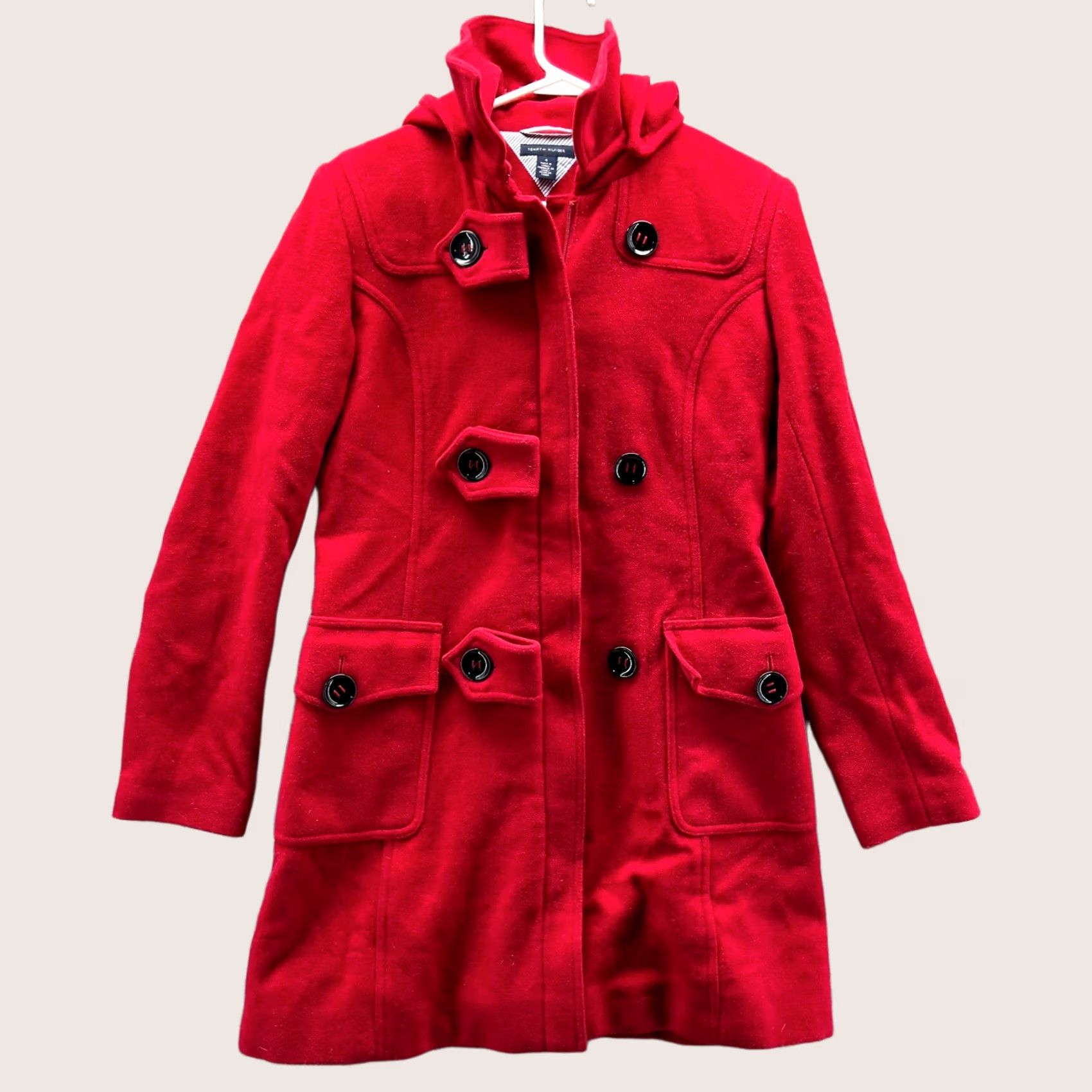 Tommy Hilfiger VINTAGE Tommy Hilfiger Pea Coat Jacket Womens 4 Red Long Wool Lined Nylon Button Night Black? Size S / US 4 / IT 40 - 1 Thumbnail