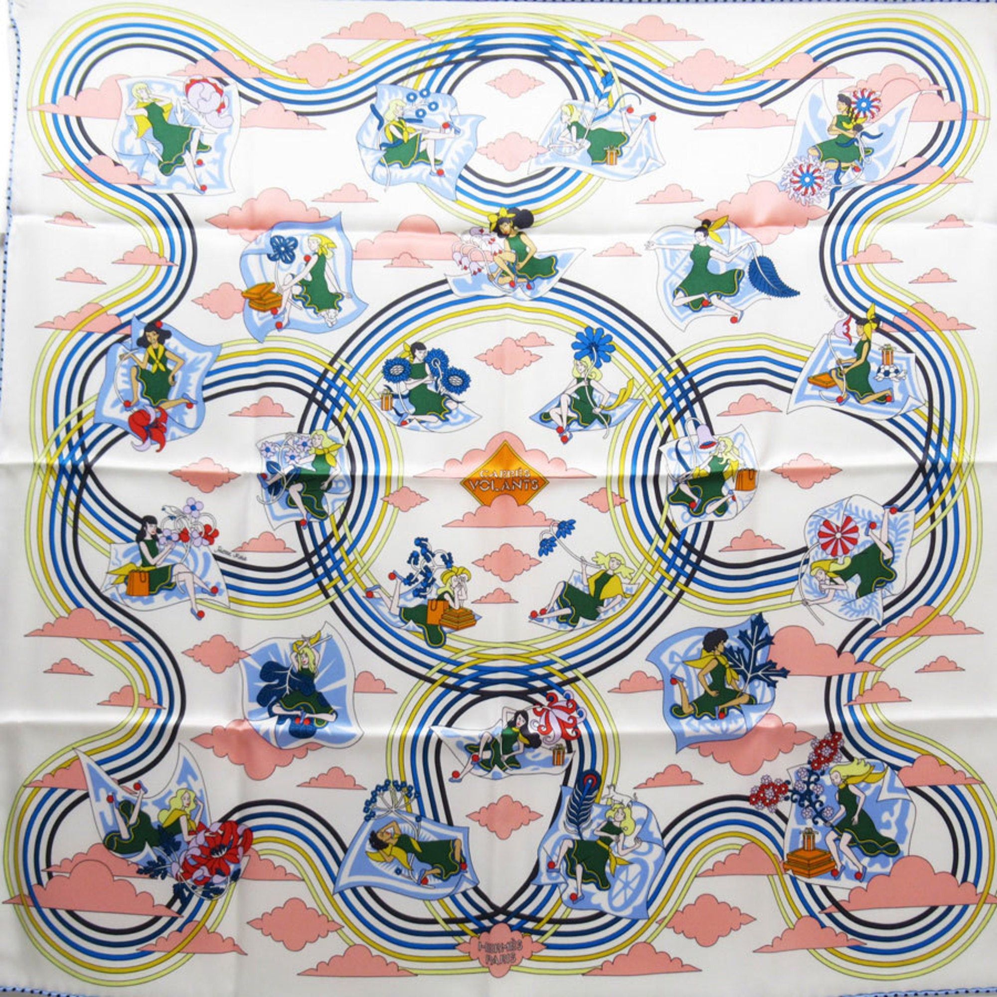 image of Hermes Scarf Carre 70 Carres Volants Flying White X Multicolor 100% Silk in Black, Women's