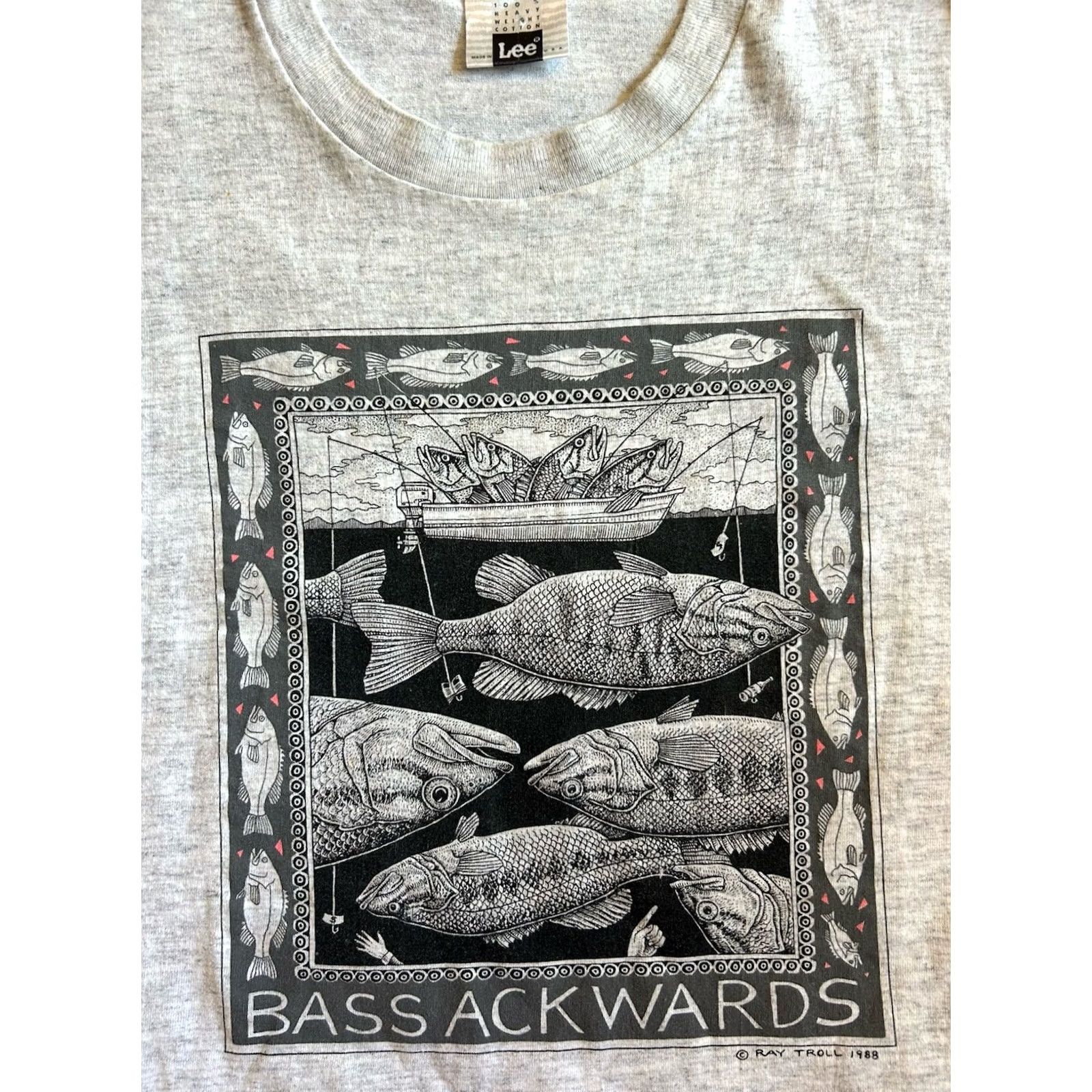 Lee RAY TROLL Bass Ackwards 1988 VTG Graphic T Shirt Men's XL Lee Gray Cotton Short Sleeve Vintage 80s Marine Art Nautical Fish Outdoors Mens XL Size US XL / EU 56 / 4 - 7 Thumbnail