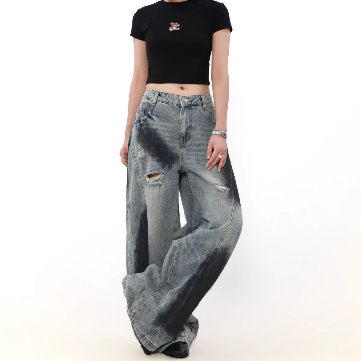 Japanese Brand × Jean High Street Ink Splash Ripped Washed Straight Leg Jeans Size US 30 / EU 46 - 4 Thumbnail