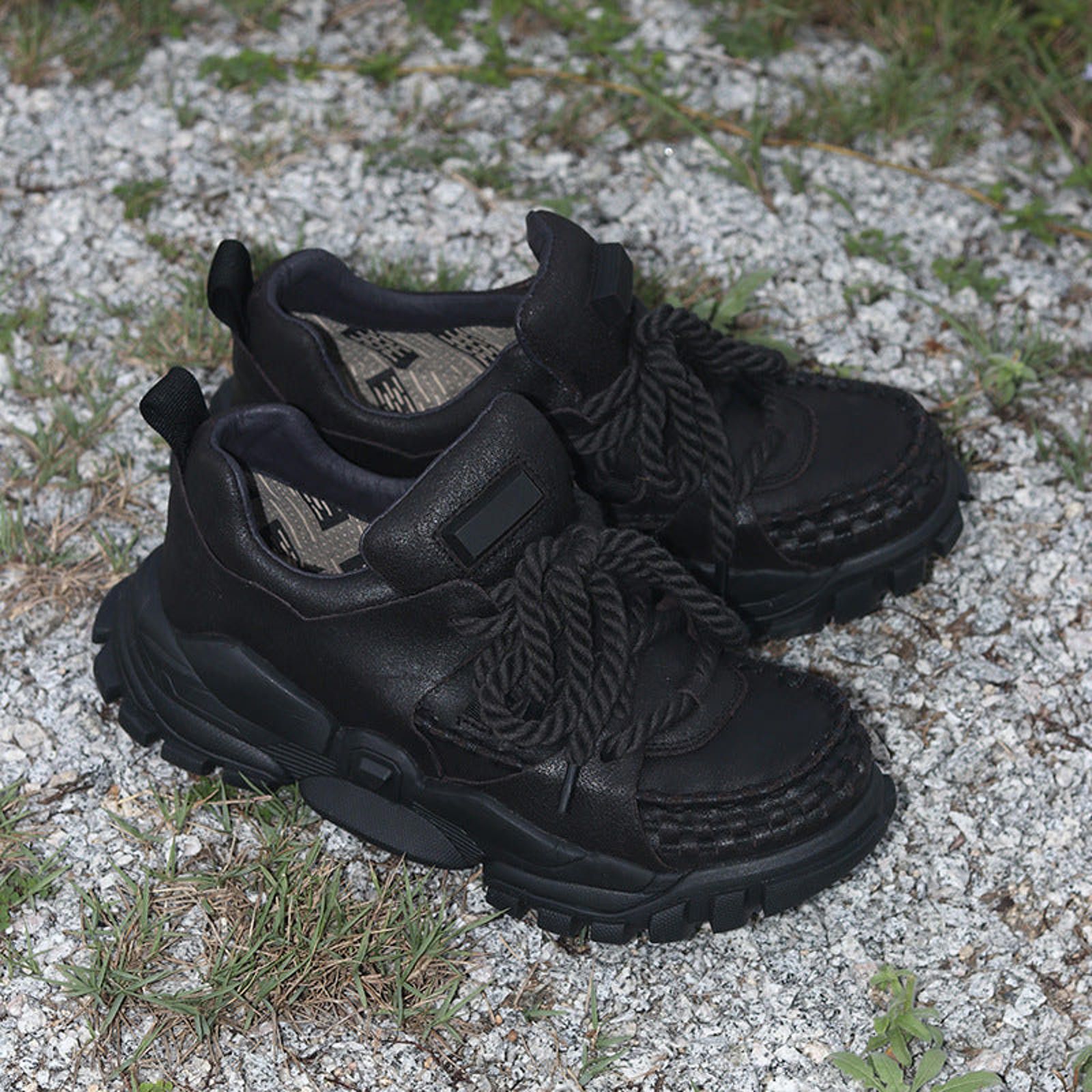 Other Black Chunky Lace-Up Moc Toe Sneakers, Rugged Sole Size US 8 / EU 41 - 1 Thumbnail