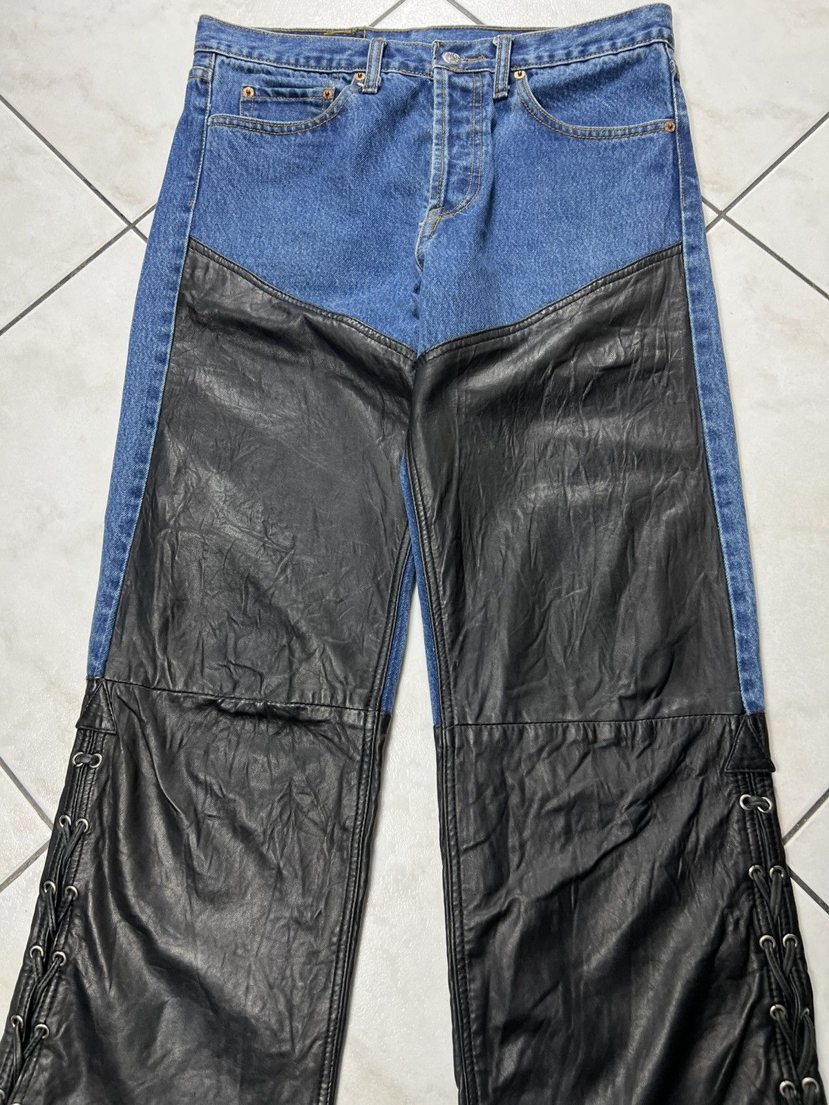 Levi's Vintage 90s Levi’s 501 hybrid leather denim tied strap pants Size US 32 / EU 48 - 4 Thumbnail