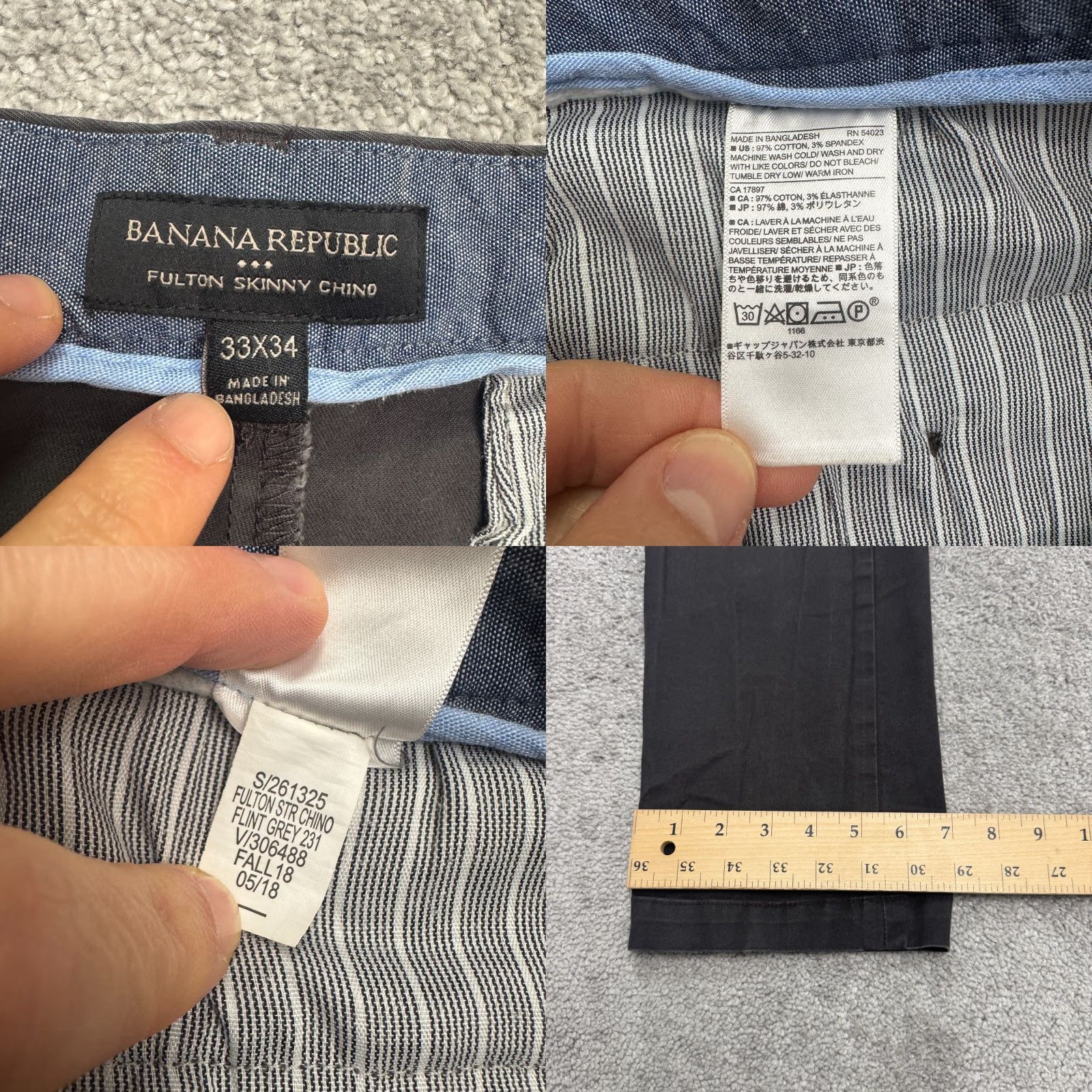 Banana Republic Banana Republic Fulton Skinny Chino Pants Mens 33x34 Dark Gray Straight Cotton Regular Slim Detail: Button Zip Pockets Breathable Stretch Size US 33 - 8 Thumbnail