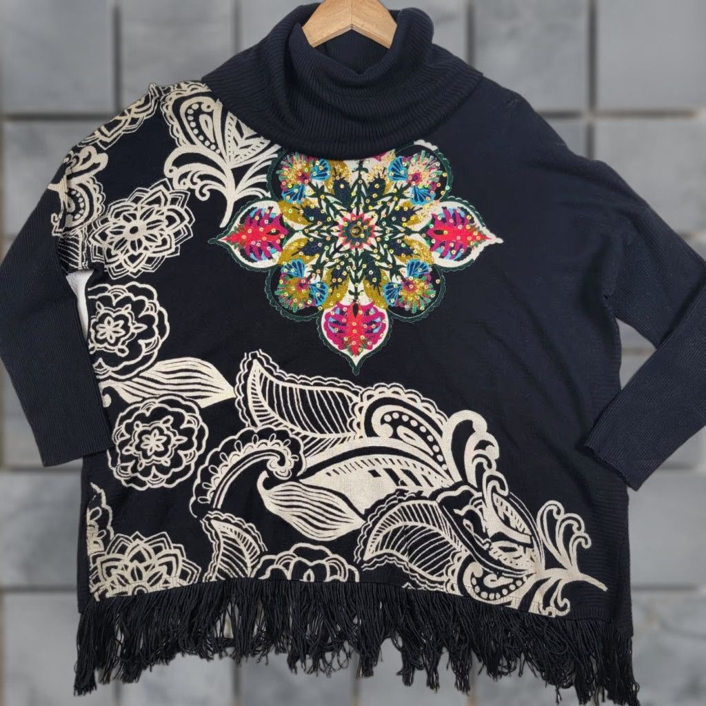 Desigual VINTAGE Desigual Black Floral Cowl Neck Fringe Blouse Size XL / US 12-14 / IT 48-50 - 1 Thumbnail