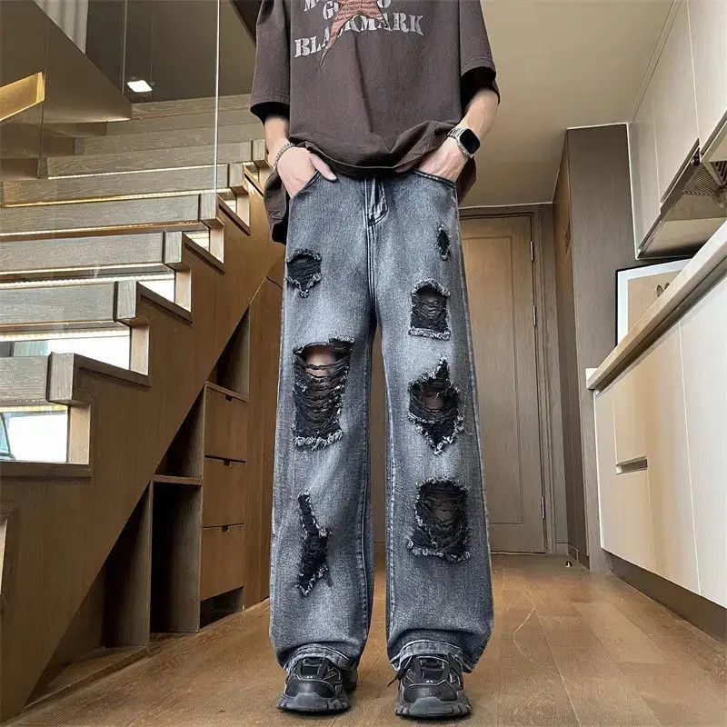 Japanese Brand Retro loose wide leg straight leg ripped jeans Size US 32 / EU 48 - 6 Thumbnail