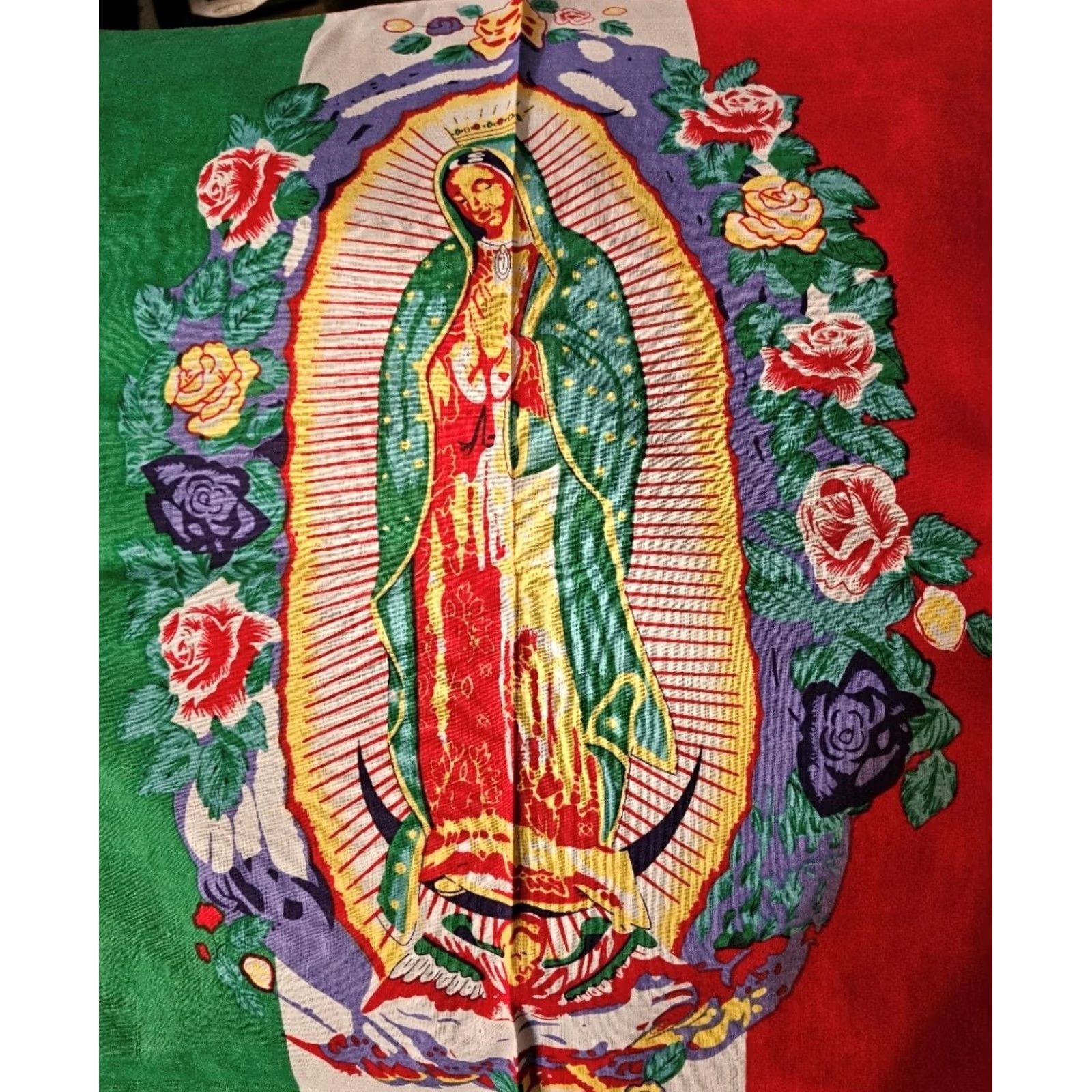 Vintage BANDANA GUADALUPE MEXICAN FLAG VIRGIN MARY FLOWER ROSE ( SET OF 3 ) Size ONE SIZE - 2 Thumbnail