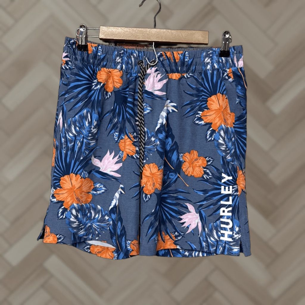 Hurley Hurley Mens Medium Hawaiian Lined Shorts Blue - Casual Travel Beach Colorful Floral Adjustable Drawstring Pocket Men Modern Size US 31 - 1 Thumbnail