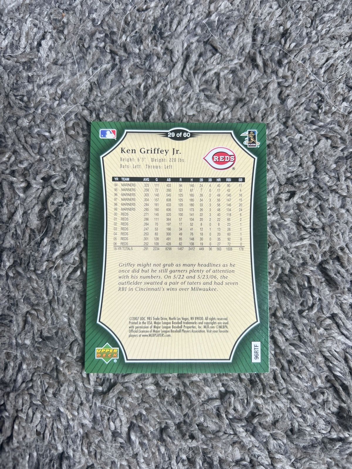 MLB 2007 Upper Deck #29 Ken Griffey Jr. Card Size ONE SIZE - 2 Thumbnail