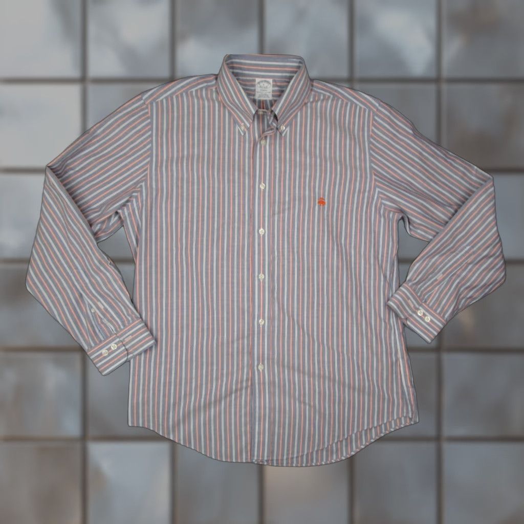 Brooks Brothers BROOKS BROTHERS Dress Shirt Men L Blue Orange Striped Supima Non-Iron Button-Down Collar Vintage: No Size 42R - 1 Thumbnail