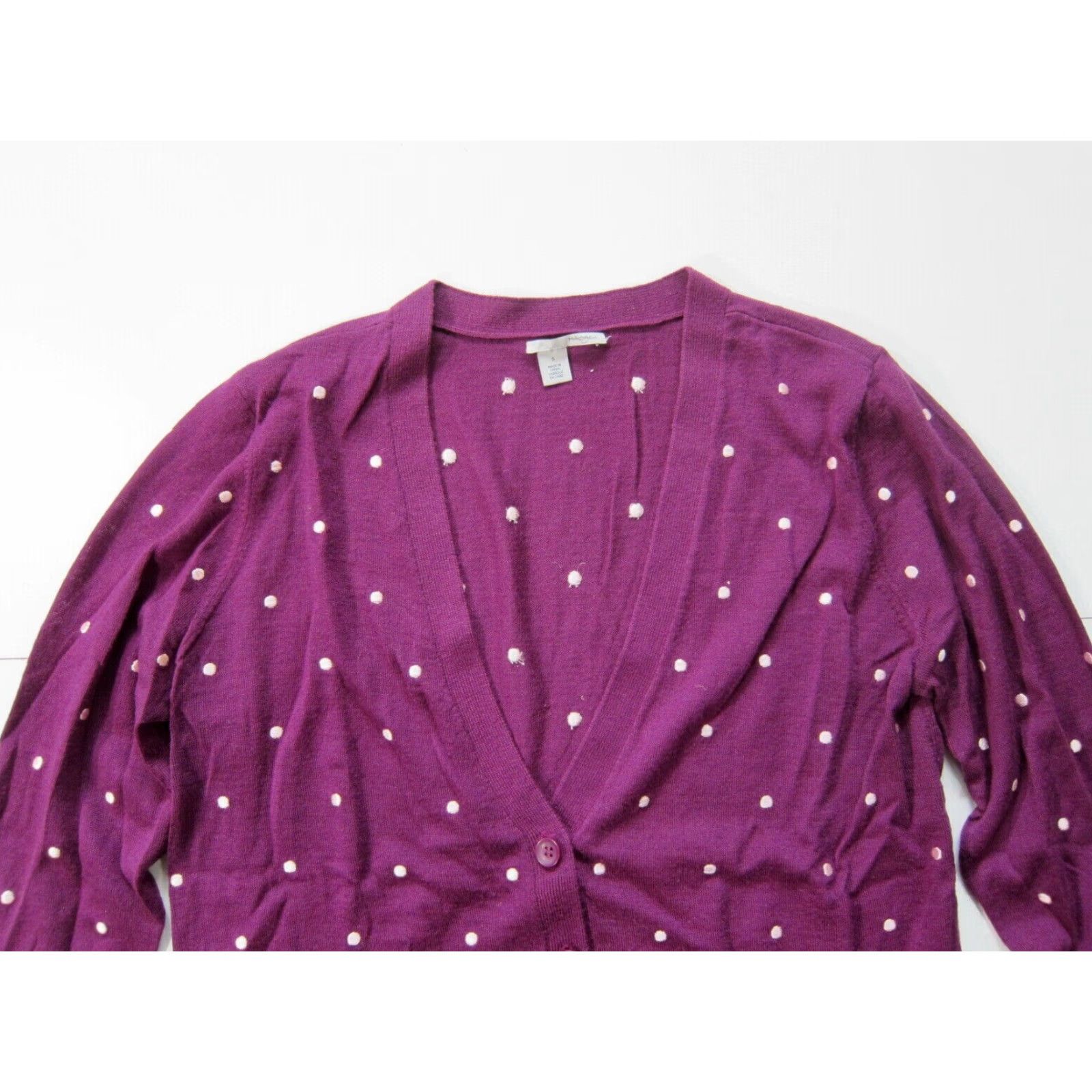 Vintage Halogen Cardigan Sweater Women Small V-Neck 100% Wool Purple White Polka Dot Knit Button Thin Long Sleeve Size S / US 4 / IT 40 - 5 Thumbnail