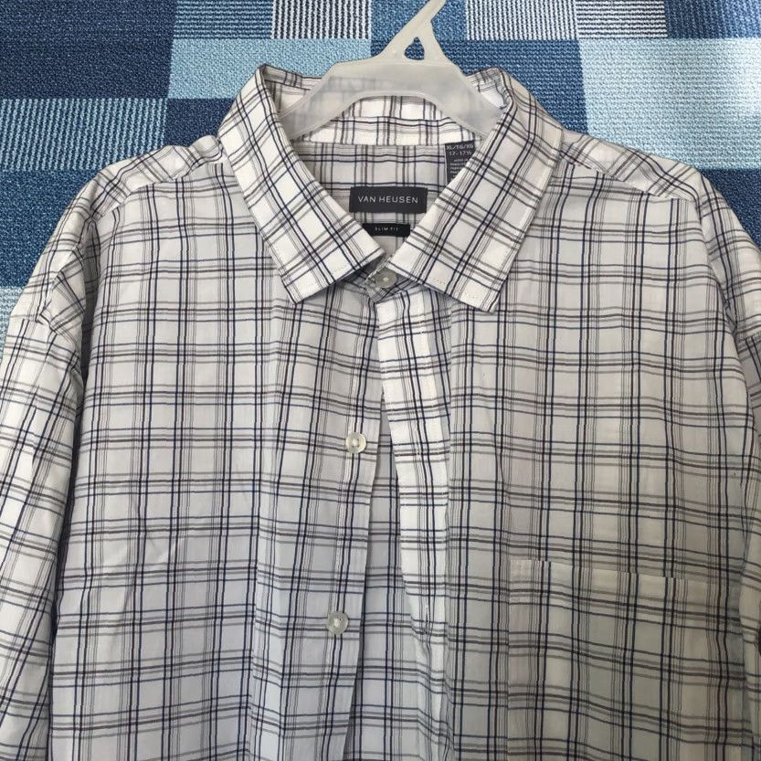 Van Heusen Van Heusen Shirt Mens XL Slim Fit Button-Up Plaid White Tan Long Slv Button-Up Size US XL / EU 56 / 4 - 1 Thumbnail