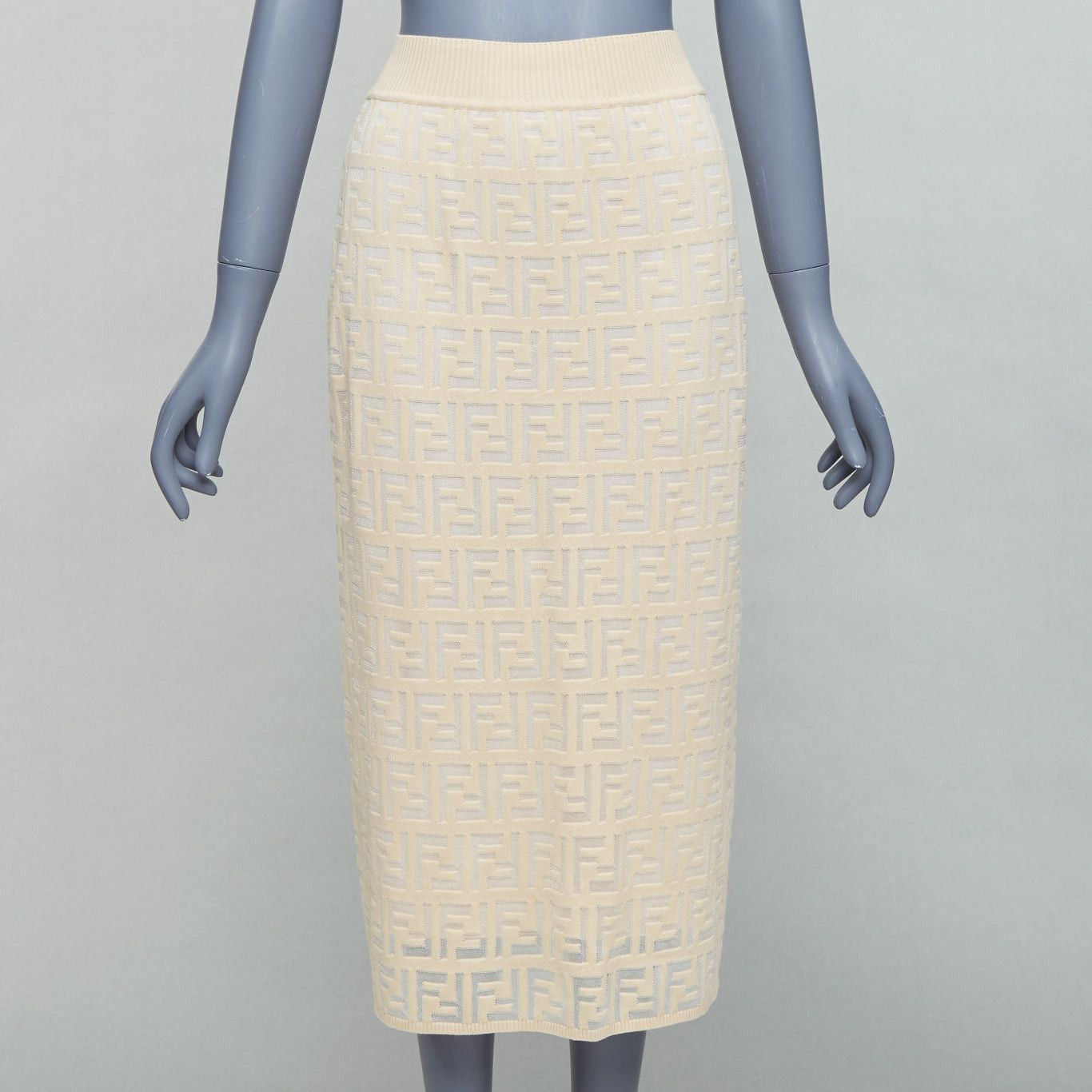 Fendi FENDI cream beige cotton blend FF Zucca monogram knit pencil skirtIT IT42 M Size 28" / US 6 / IT 42 - 1 Thumbnail