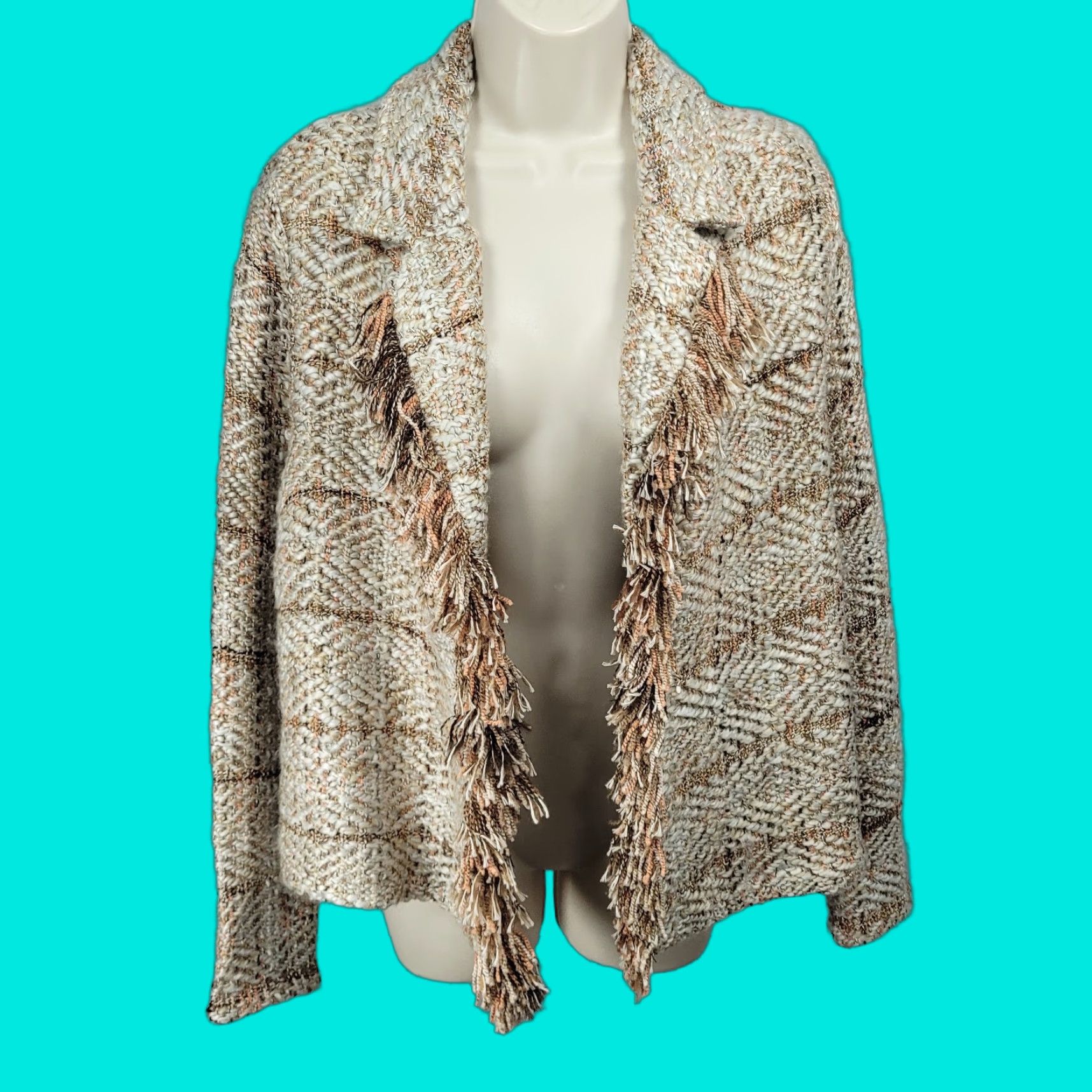 Vintage Chico's Jacket Women Short Open Collared Fringe Bohemian Unlined Beige Brown Wool Alpaca Blend 1 US 8 Regular Size Size XS / US 0-2 / IT 36-38 - 1 Thumbnail
