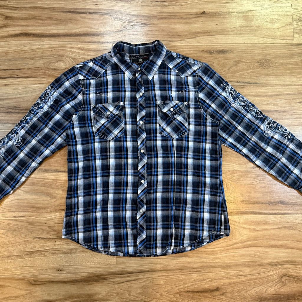 Lucky Brand Pop Icon Embroidered Plaid Western Shirt Blue XL Size 38L - 1 Thumbnail