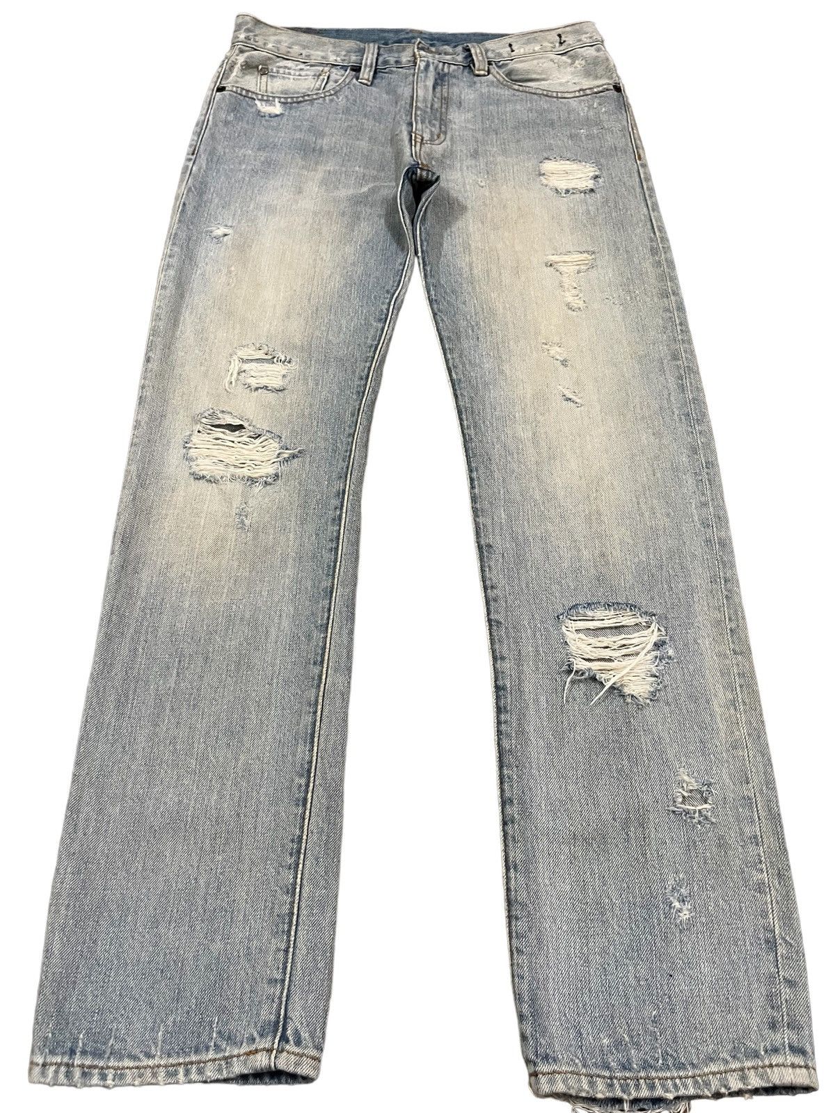 Designer Vintage Light Blue Heavy Distressed Regular Straight Jeans Size US 30 / EU 46 - 1 Thumbnail