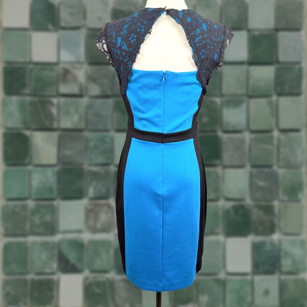 Nicole Miller Nicole Miller S Dress Bodycon Colorblock Square Neck Lace Trim Cap Sleeve Sheath Size S / US 4 / IT 40 - 1 Thumbnail