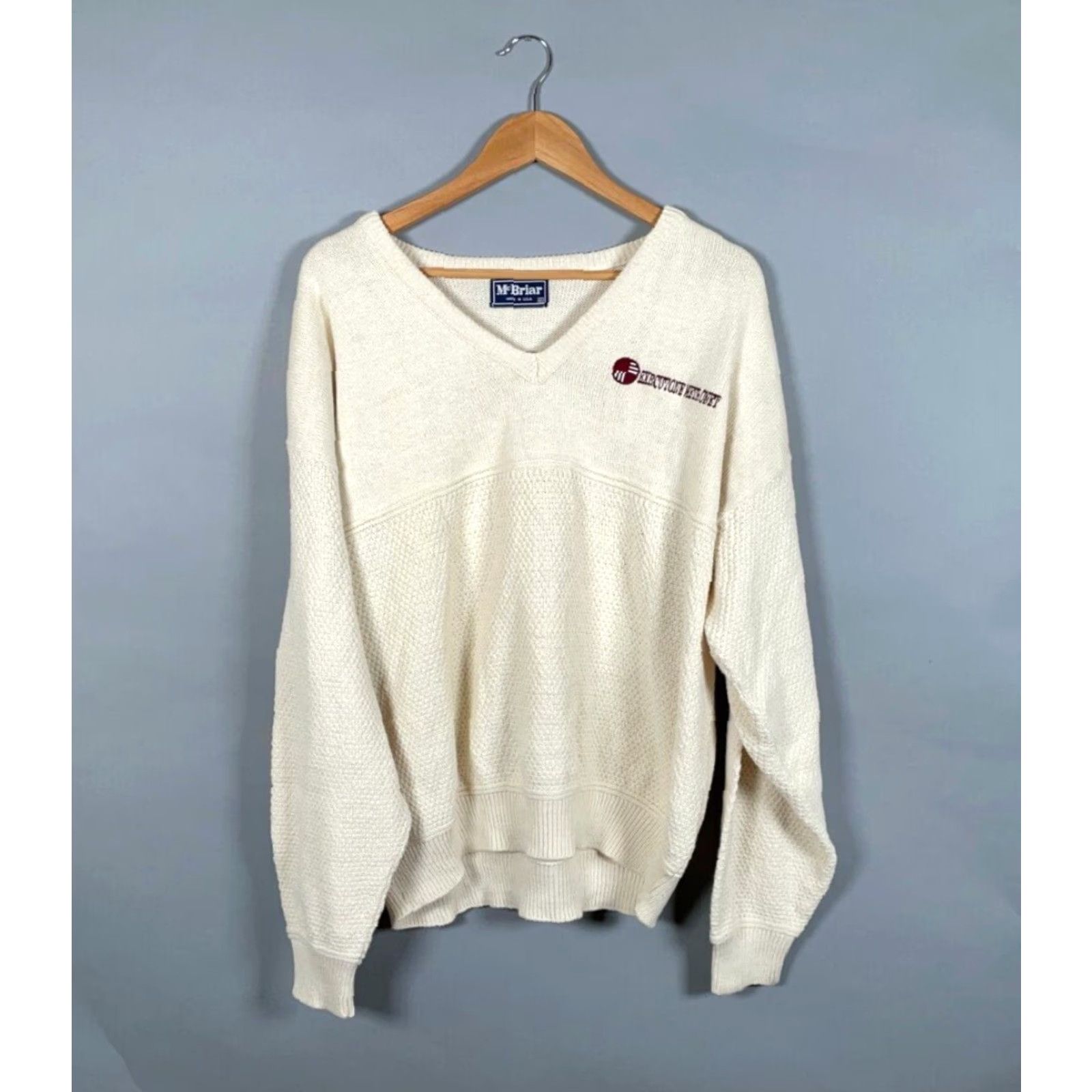 Vintage VINTAGE McBriar V-Neck Sweater Shirt Adult XL Ivory Cotton Knit Embroidered USA Made 80s 90s Mens Size US XL / EU 56 / 4 - 2 Thumbnail