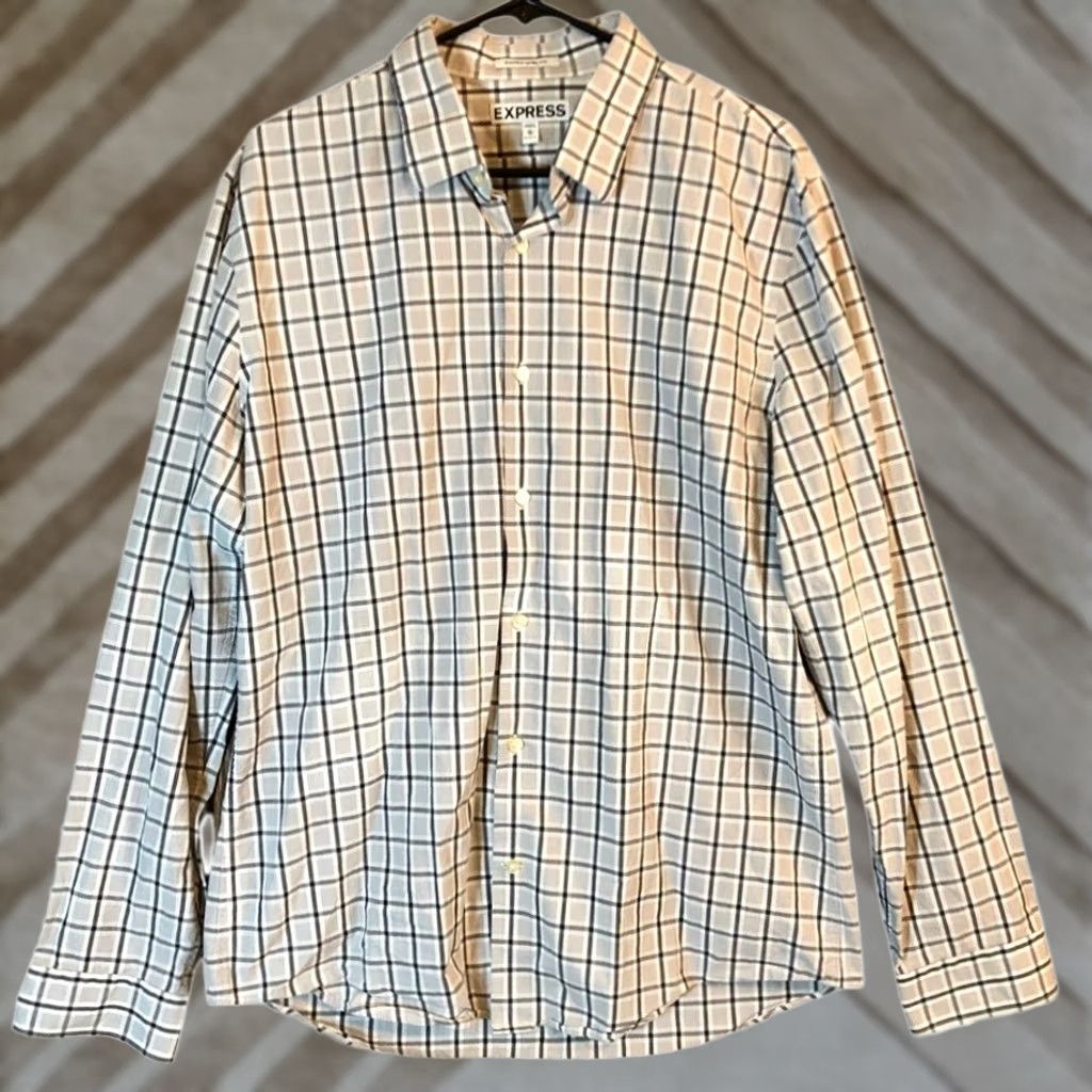 Express Express Shirt Gray White Plaid Button-Down 100% Cotton Extra Slim XL Men’s Size US XL / EU 56 / 4 - 1 Thumbnail