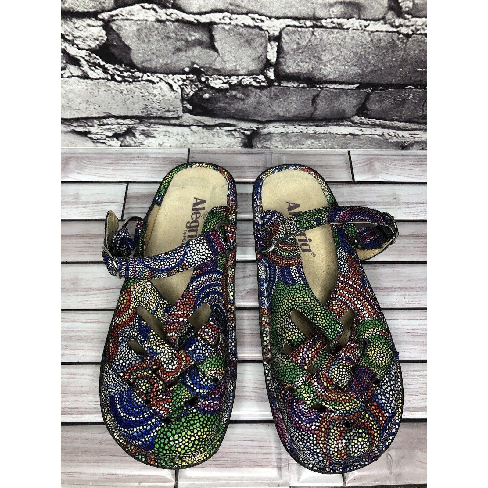 Other Alegria Fre-387 Rainbow Color Mosaic Leather Strap Clogs Sho Size US 5 / IT 35 - 2 Thumbnail