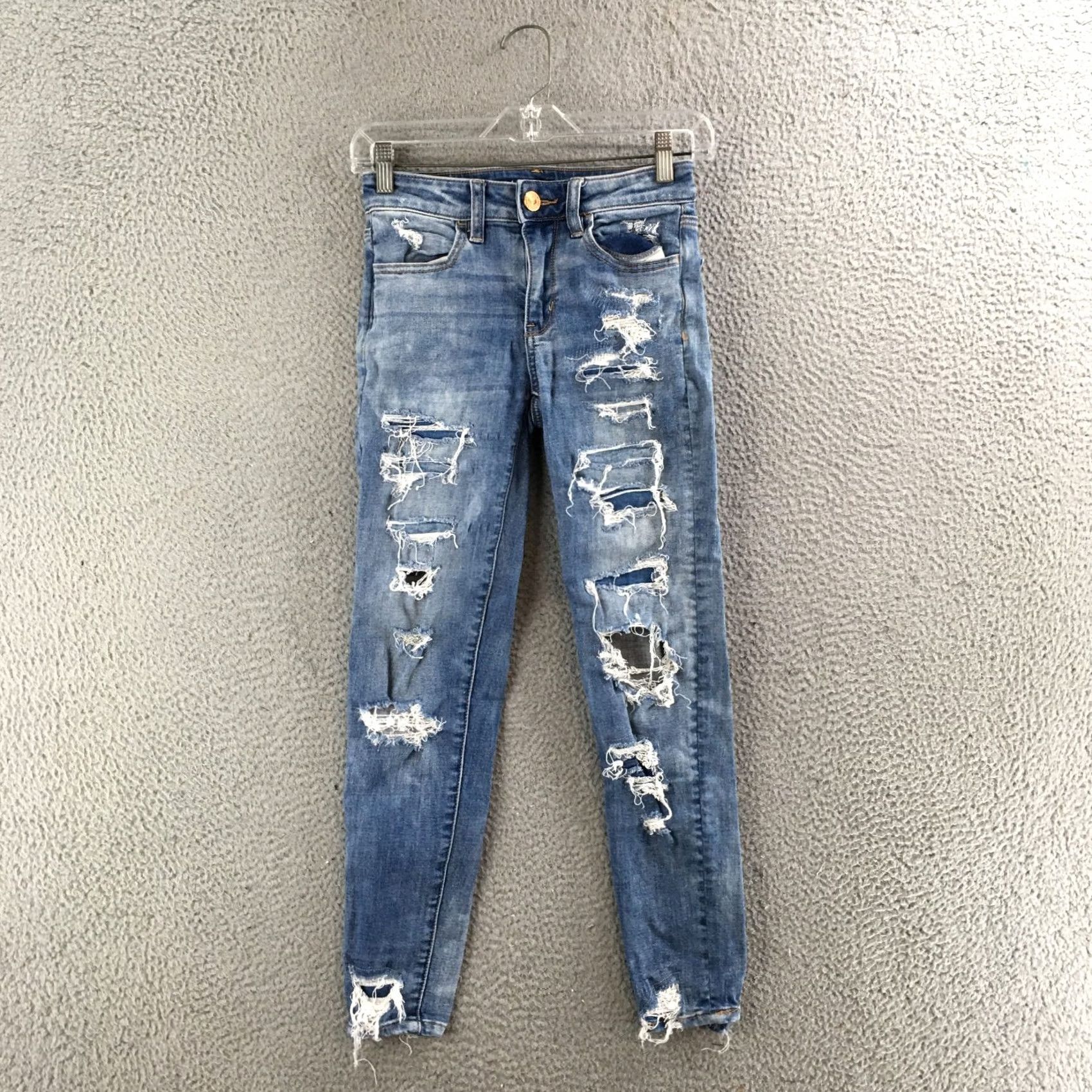 American Eagle Outfitters American Eagle Jeans Womens 00 Short Skinny Low Rise Zip Fly Distressed Blue Jeans Size 24" / US 00 / IT 34 - 2 Thumbnail