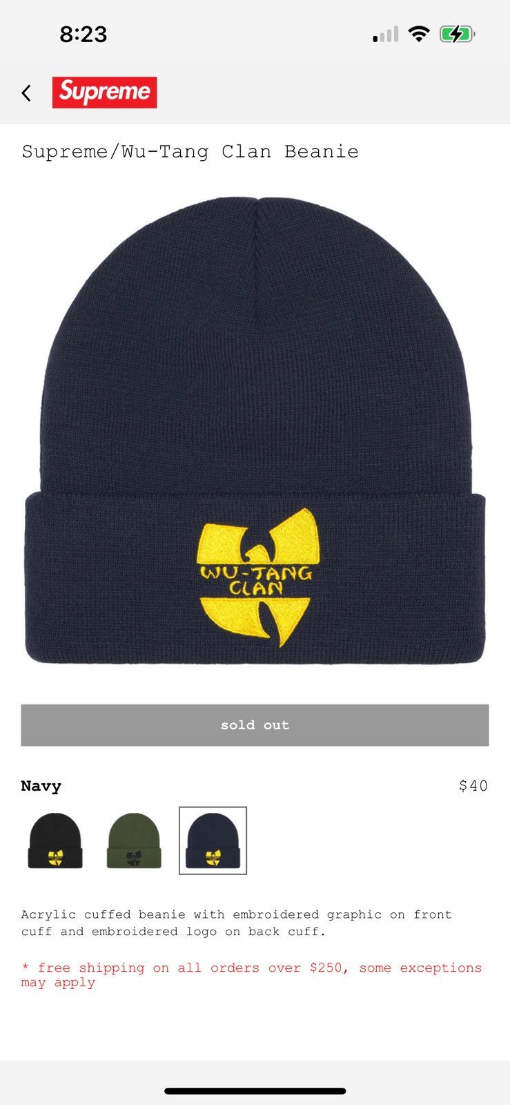 Supreme Supreme Wu-Tang Clan Beanie Navy Blue FW25 - Ships Same