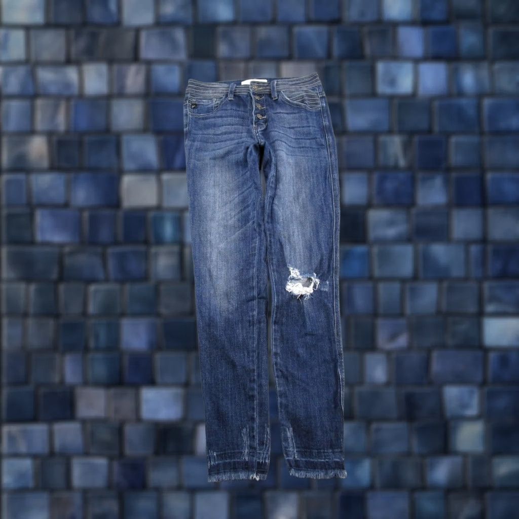 Vintage Kancan Jeans Womens Size 26/5 Button Fly Blue Distressed Denim Stretch Skinny Regular Jeans Size 26" / US 2 / IT 38 - 1 Thumbnail
