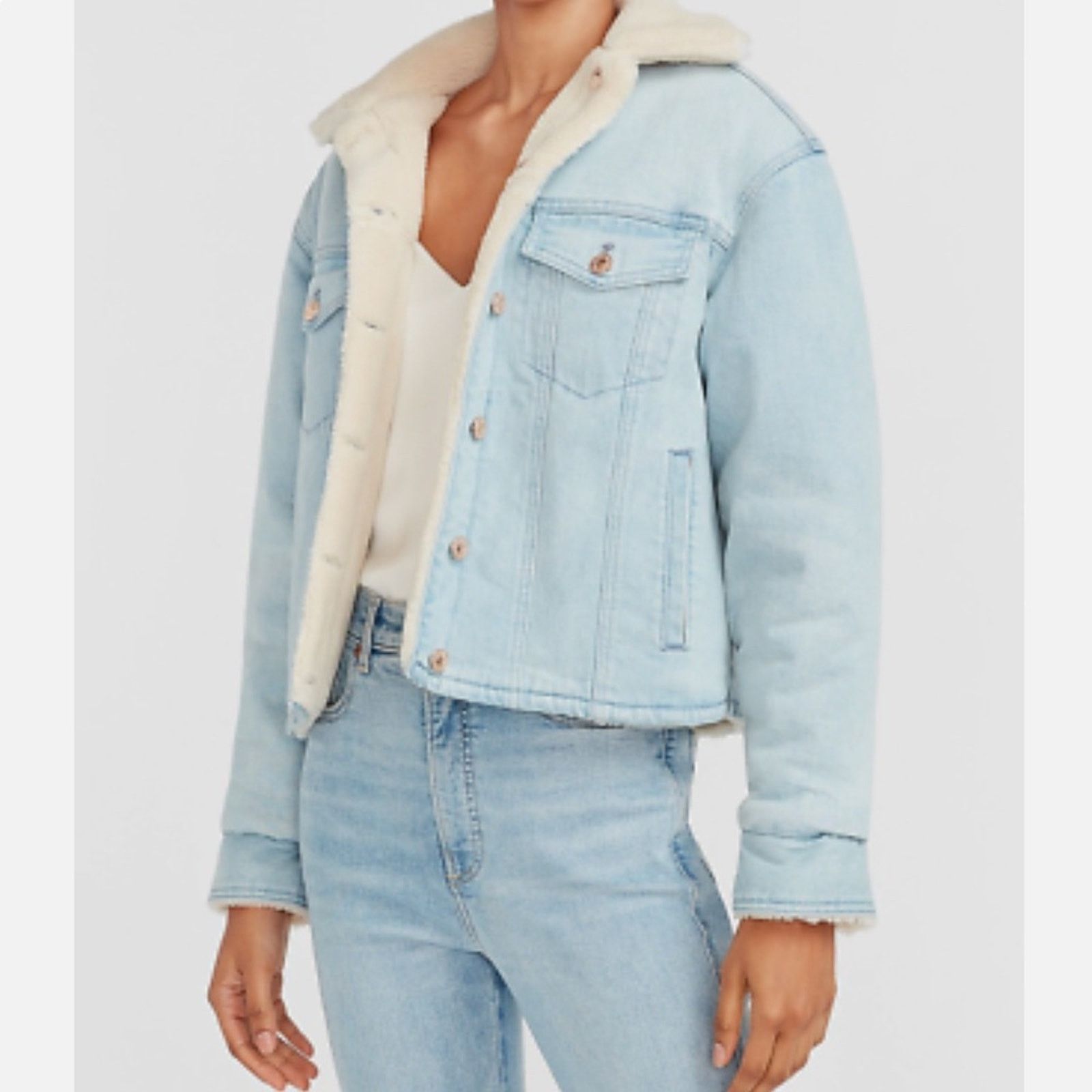 image of Express Denim Sherpa Lined Reversible Jean Jacket Size M in Blue, Women's