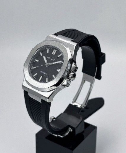 Japanese Brand Seiko Mod Nautilus Black Dial Steel Watch Rubber Strap 41mm Size ONE SIZE - 5 Thumbnail
