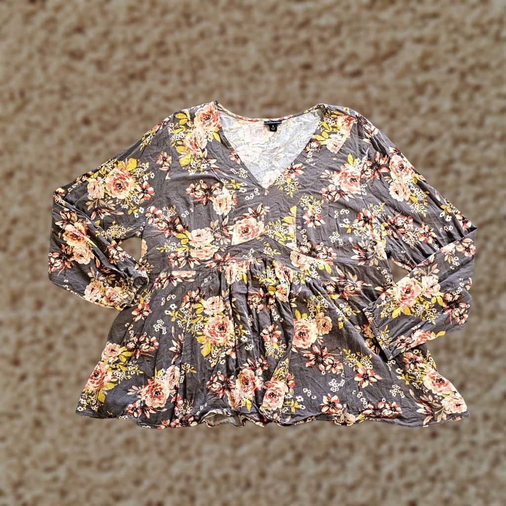 Torrid Torrid Top Womens 3X Gray Pink Floral V Neck Peplum Long Sleeve Blouse Career Casual Shirt Womens Size XXL / US 16-18 / IT 52-54 - 1 Thumbnail
