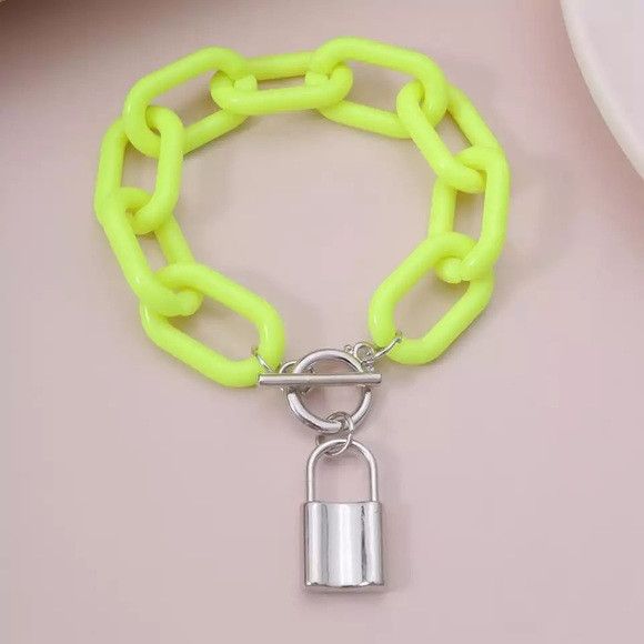 Other Women Yellow Acrylic Chain Lock Pendant Bracelet Size ONE SIZE - 3 Thumbnail