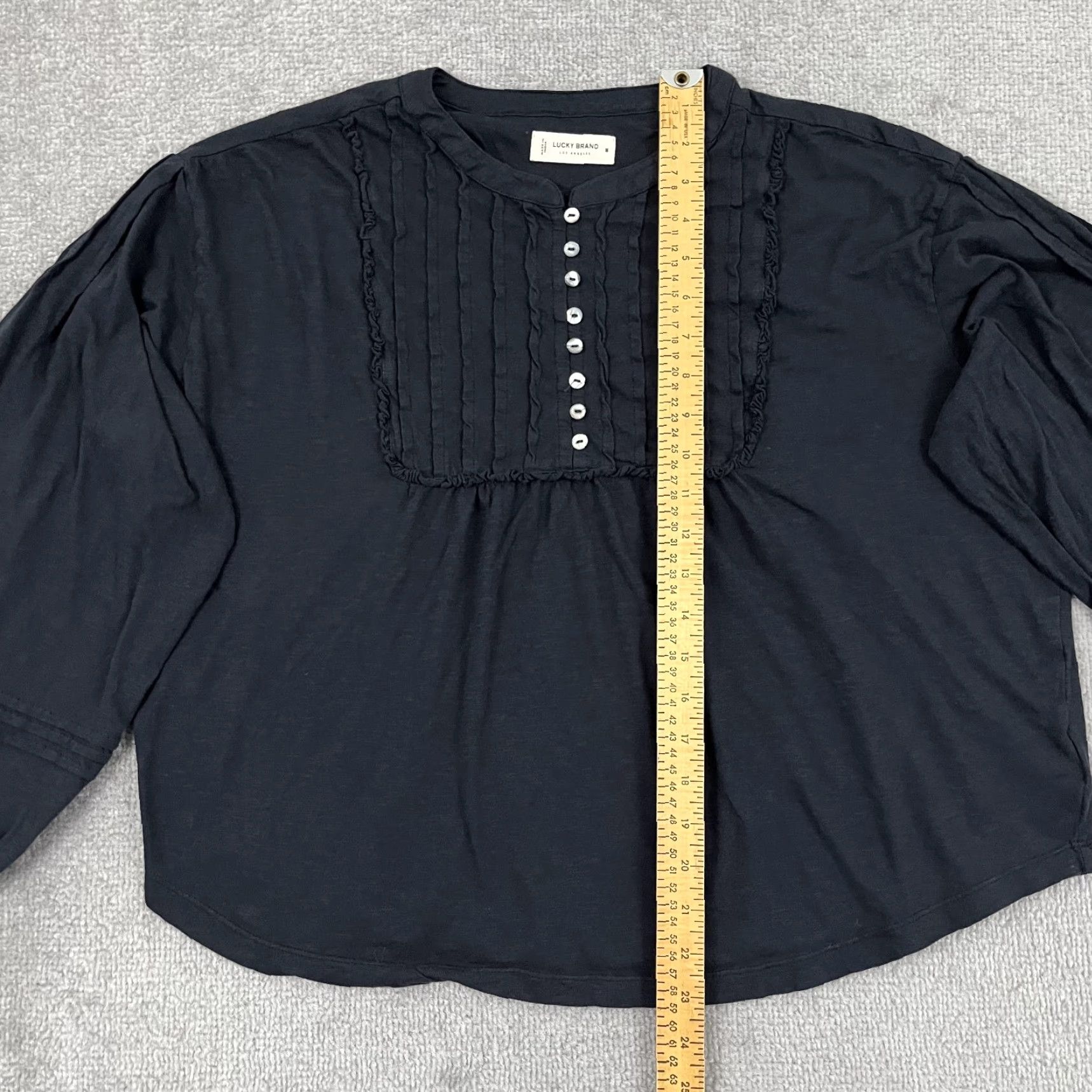 Lucky Brand Lucky Brand Blouse Women M Black Pintuck Ruffle Henley Crew Neck Long Sleeve Lightweight 100% Cotton Casual Womens Size M / US 6-8 / IT 42-44 - 4 Thumbnail