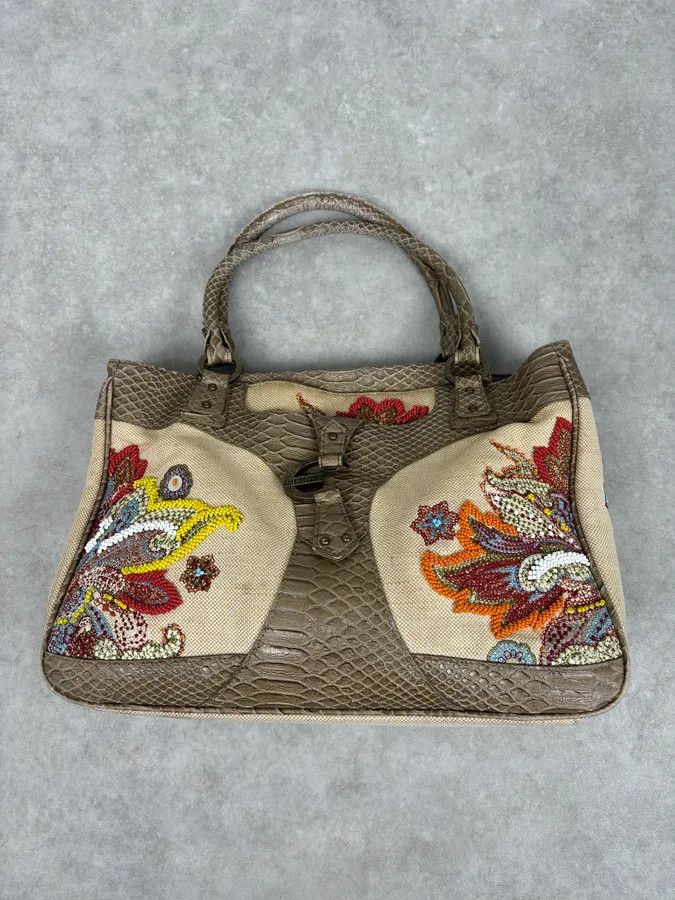 Just Cavalli Just Cavalli Beige Python Embroidered Beaded Tote Handbag Size ONE SIZE - 4 Thumbnail