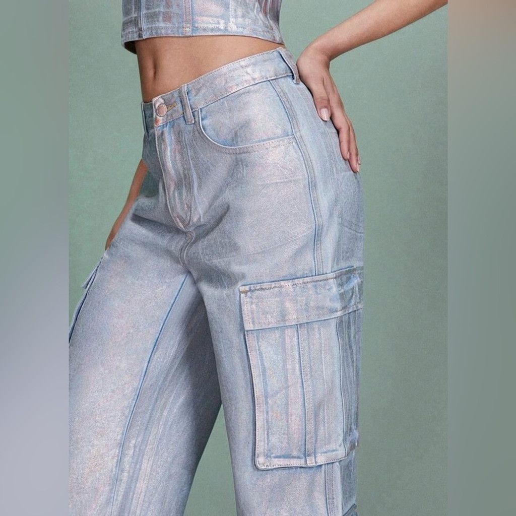 Other Metallic Cargo Pocket Women's Denim Wide Leg Pants Size 29 Size 29" - 5 Thumbnail