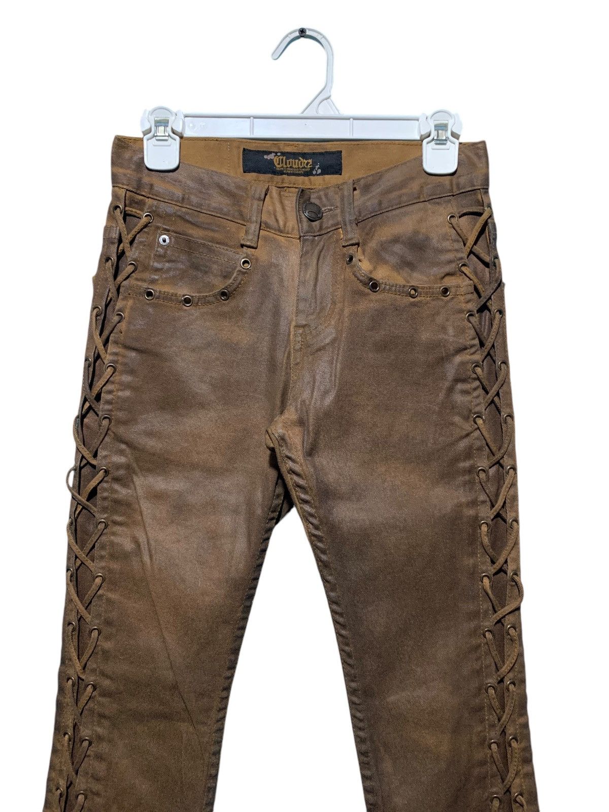 14th Addiction Cloud72 side laces cross skull patches brown wax denim Size US 27 - 3 Thumbnail
