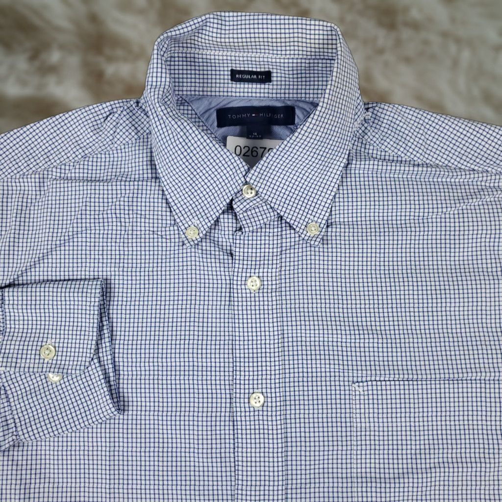 Tommy Hilfiger Tommy Hilfiger Dress Shirt Mens 16 Blue Check Long Sleeve Button Up Collar 100% Cotton Classic Style Mens Large Blue Size 42R - 1 Thumbnail