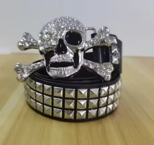 Leather Skull Rhinestone Pu Leather Belt Size ONE SIZE - 2 Thumbnail