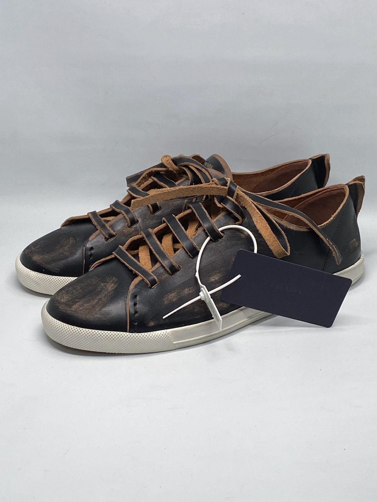 Prada Prada Distressed Low-Top Leather Sneakers size 38.5 Size US 8.5 / IT 38.5 - 5 Thumbnail