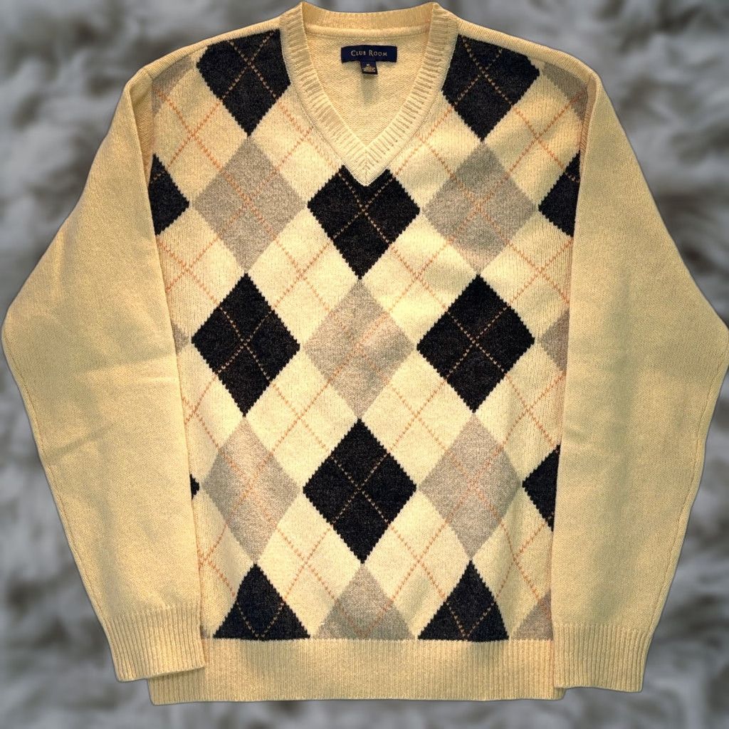 Club Room Club Room Sweater Mens Medium Yellow Argyle V-Neck 100% Lambswool Knit Classic Size US M / EU 48-50 / 2 - 1 Thumbnail